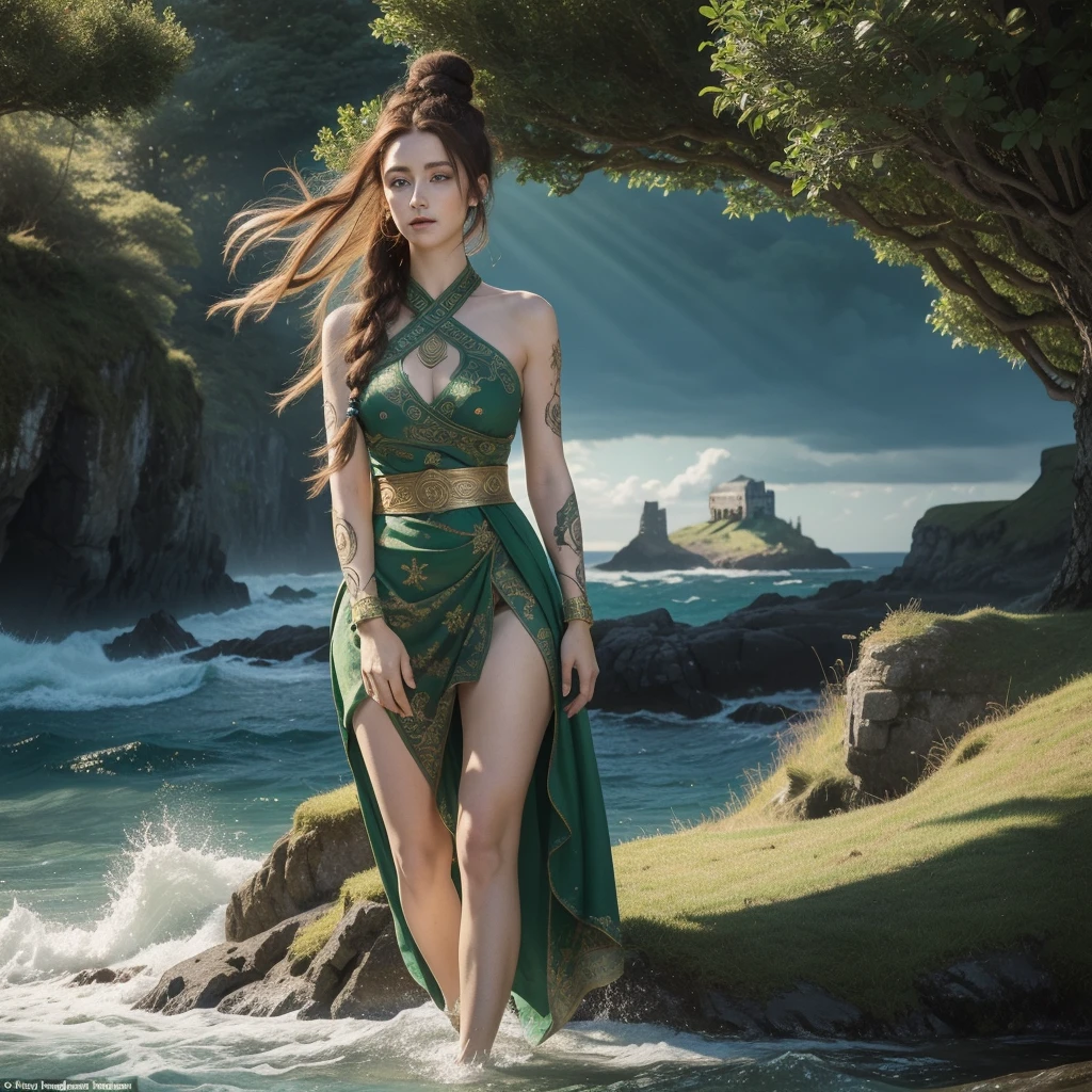 32k, extremely large and refined luminous green eyes, intricate patterns, ultra realistic details, beautiful ancient irish celtic female warrior, elaborate long braided red hair, hair buns, ornaments in hair, floating, windy, messy hair, celtic pattern dress, tribal tattoos on arms, legs, very detailed, difficult, masterpiece, high quality, detailed cores, cliffs of moher, ancient irish castle, lush greenery, shafts of light from sky, breathtaking beauty, pure perfection, divine cinematographic, full body shot, rough seas, large ocean waves,