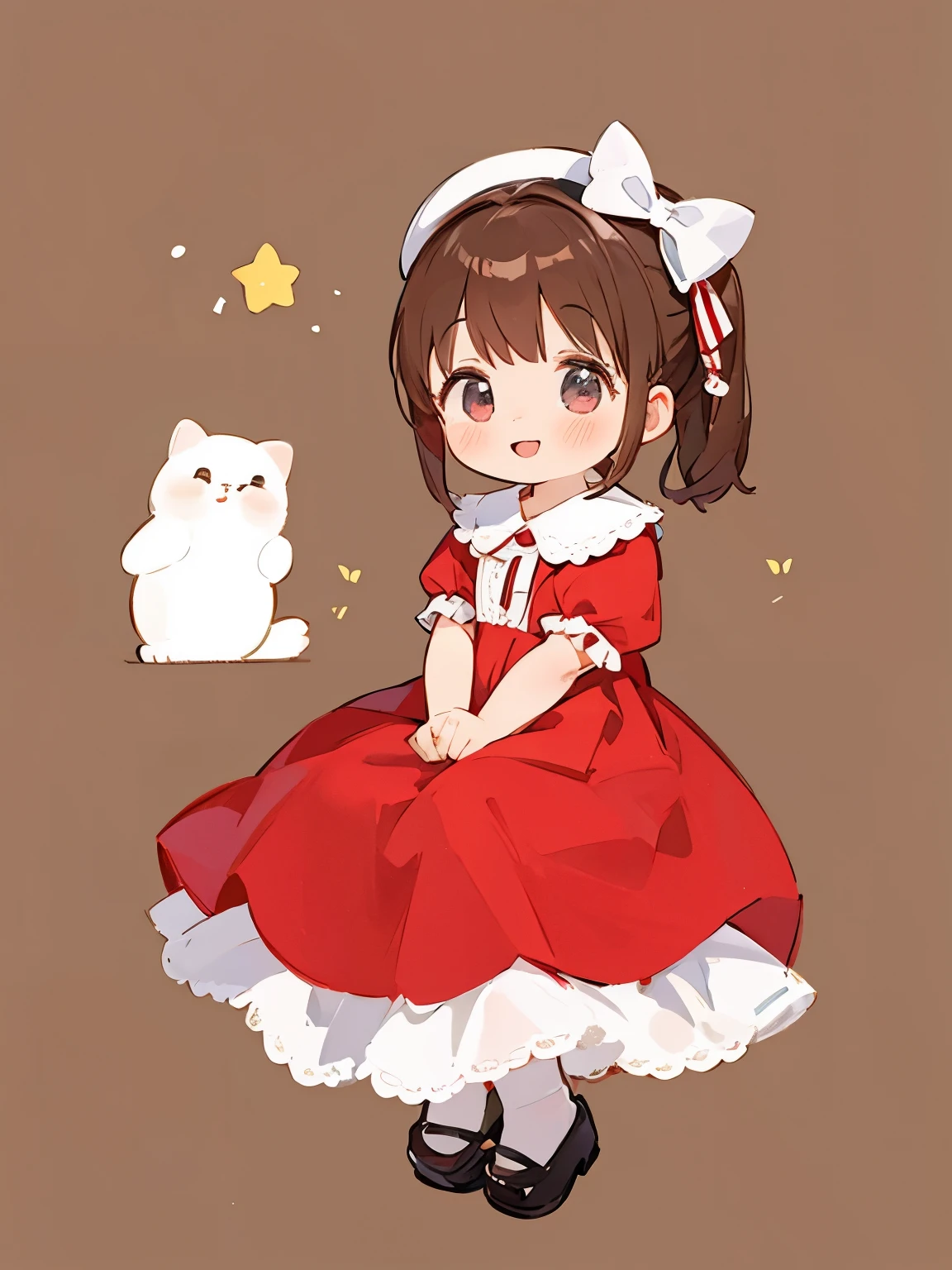 masutepiece, 1girl, infantlolita dress, white dress, red dress, victorian clothes, little girl, smile, happyness, brown hair, thick eyebrows, fluffy, house background