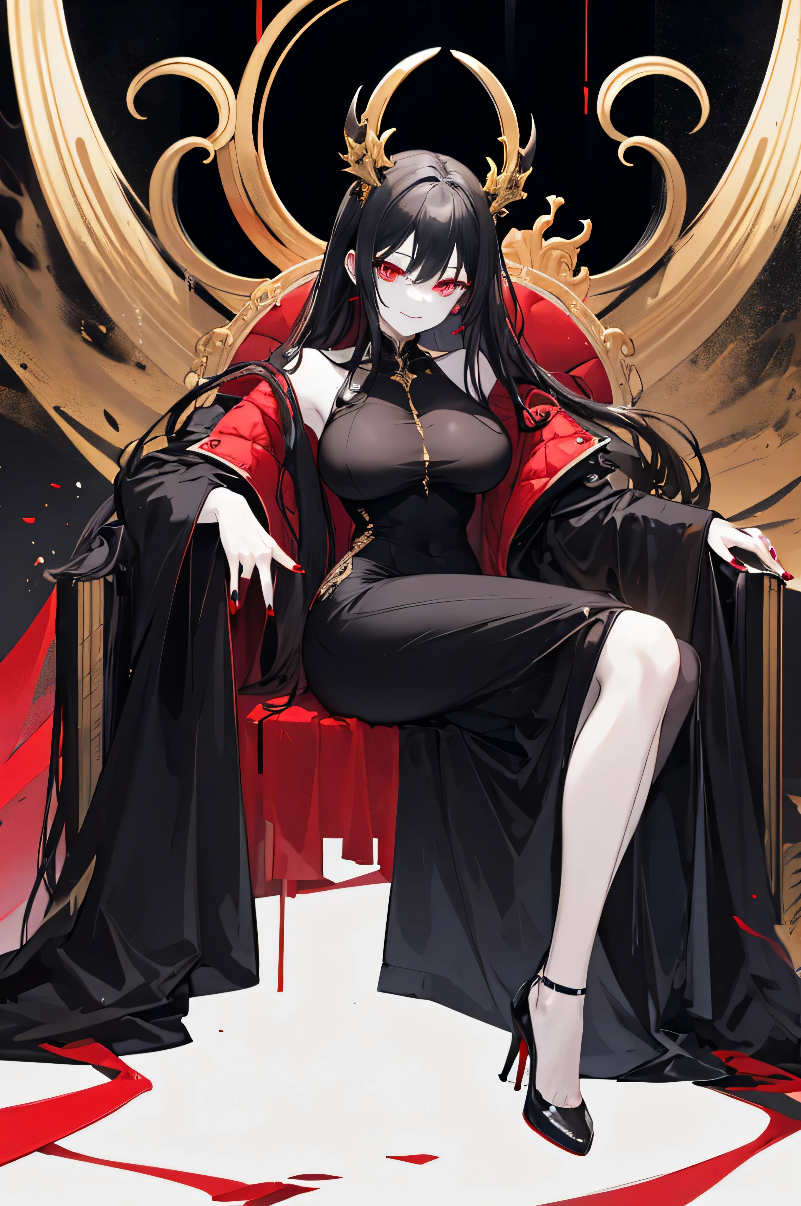 very beautiful,tall,1woman,perfect,voluptuous,pale skin,red eyes,dragon eyes,looking at front,jet black hair,long hair,straight hair,revealing dress,black coat on shoulders,black heels,smile,seductive,black background,red nails,sitting,golden throne,eye smile