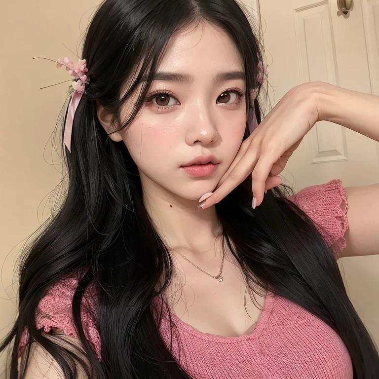 Araffe Asian woman with long black hair and pink shirt posing for a photo, ulzzang, hermosa joven coreana, joven y adorable rostro coreano, pale korean adorable face, hermosa joven coreana, hermosa mujer surcoreana, muchacha coreana, maquillaje popular de corea del sur, retrato de jossi de blackpink, maquillaje coreano popular, Jinyoung Shin, sakimichan