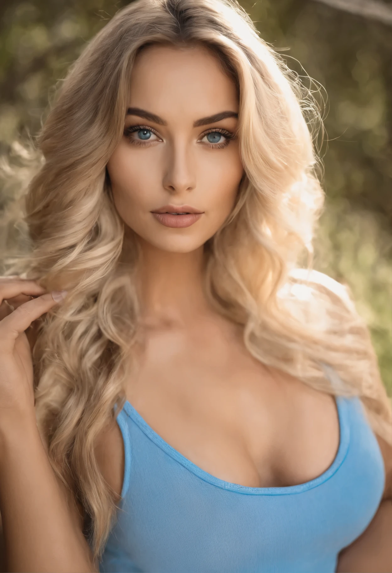 Woman in matching tank top and underwear,  with blue eyes, Portrait of Sophie Mudd, Portrait of Korina Cope, Blonde hair and big eyes, Selfie of a young woman, One's makeup, Natural makeup, Look directly into the camera, Faces with artgrams, Dezentes Makeup, Great full-body photos, in the room, large full breasts, a blond, Latina