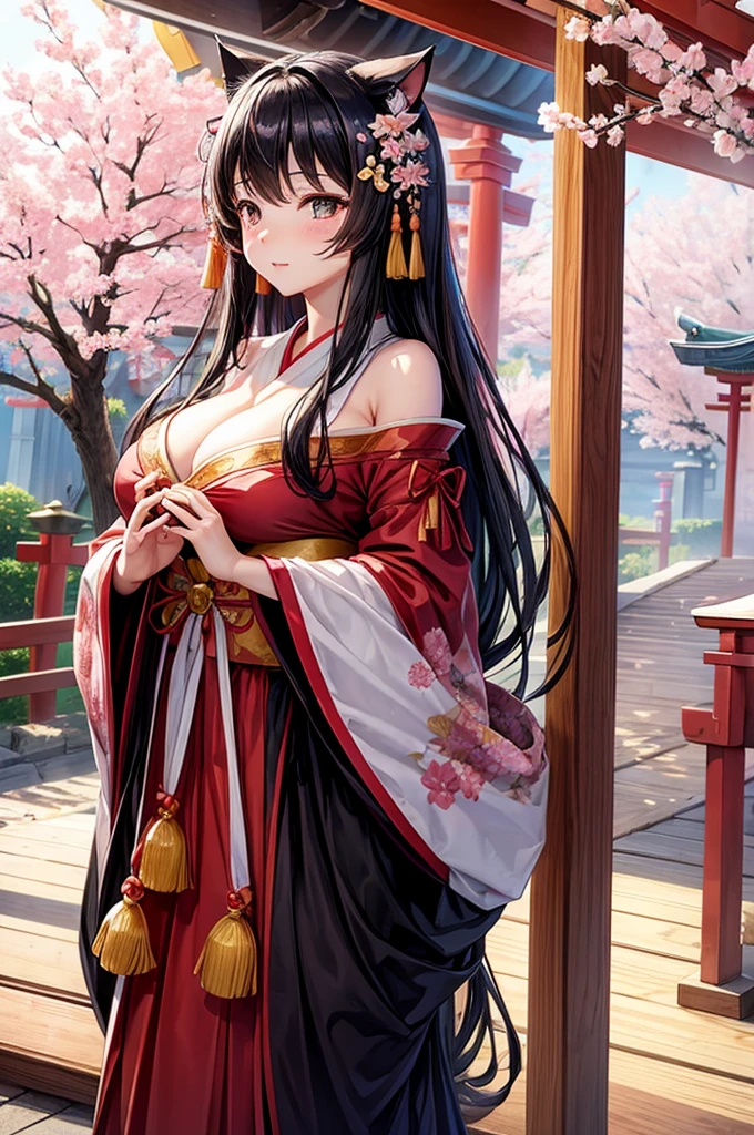 cat ears big breasts princess cherry blossom shrine maiden shrine maiden costume black hair shrine