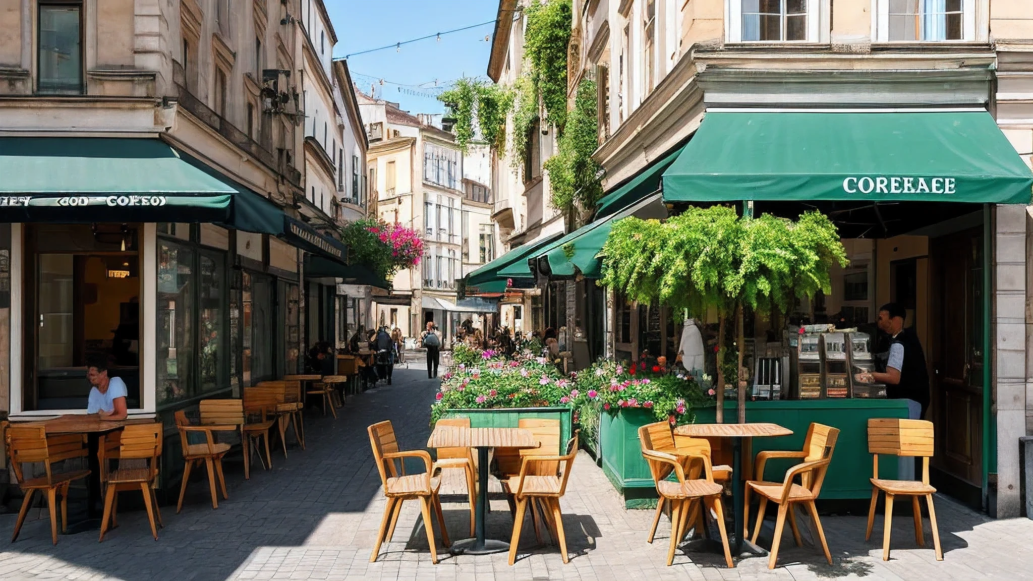 On a corner of a European city street, there a small coffee shop. There a row of greenery in front of the coffee shop, with flowers in full bloom, emitting a faint fragrance. The sun shines through the leaves, forming a beautiful ray of light in front of the coffee shop.
The coffee shop's terrace located on the corner, where you can see the passery and vehicles on the street. Sitting on the terrace, you can leisurely enjoy a cup of coffee and enjoy the scenery on the side of the street.
The coffee shop's tables and chairs are made of wood, with a bouquet of fresh flowers on the table. The signboard black with the words "Coffee Shop" written on it.