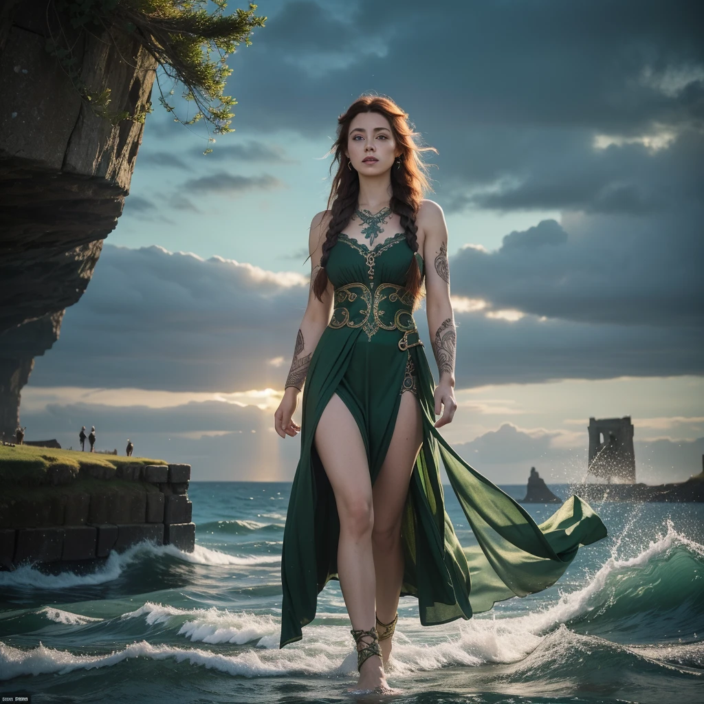 32k, extremely large and refined luminous green eyes, intricate patterns, ultra realistic details, beautiful ancient irish celtic female warrior, elaborate long braided red hair, ornaments in hair, floating, windy, messy hair, celtic pattern dress, tribal tattoos on arms, legs, very detailed, difficult, masterpiece, high quality, detailed cores, cliffs of moher, ancient irish castle, lush greenery, shafts of light from sky, breathtaking beauty, pure perfection, divine cinematographic, full body shot, rough seas, large ocean waves, mythical,