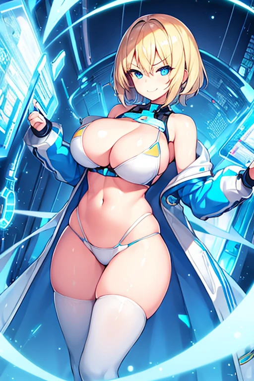 1girl, large breasts, wide hips, blonde hair, very short hair, blue eyes, smirk, smug, smile, bikini, white bikini, futuristic, science-fiction, tech, neon, neon trim, blue trim, thick thighs, jacket