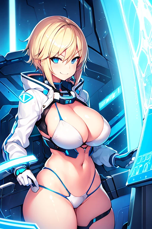 1girl, large breasts, wide hips, blonde hair, very short hair, blue eyes, smirk, smug, smile, bikini, white bikini, futuristic, science-fiction, tech, neon, neon trim, blue trim, thick thighs, jacket