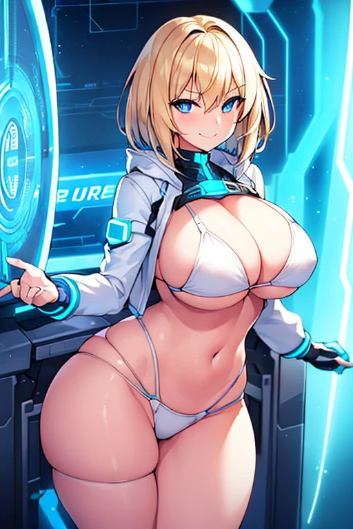 1girl, large breasts, wide hips, blonde hair, very short hair, blue eyes, smirk, smug, smile, bikini, white bikini, futuristic, science-fiction, tech, neon, neon trim, blue trim, thick thighs, jacket