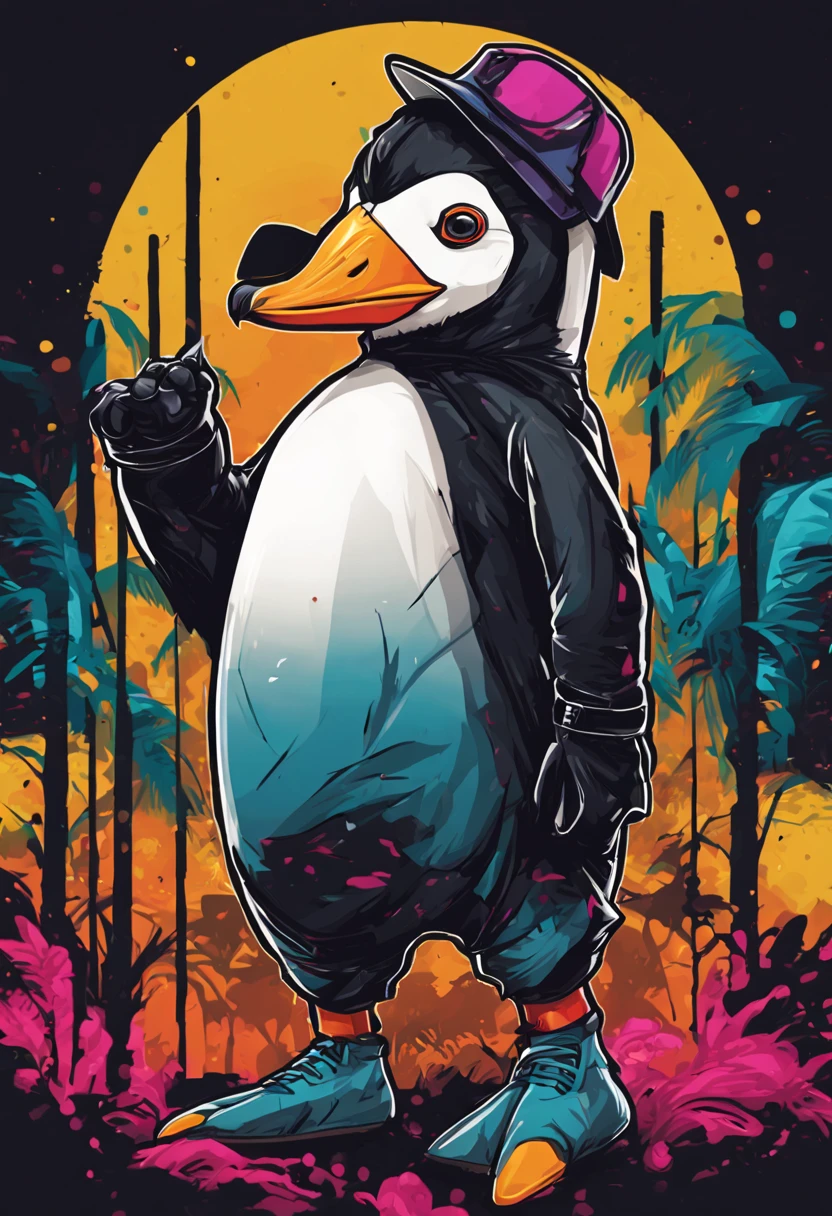 arte da camiseta, 2D, ((fundo preto :1, 5)), vetor, vivid colors, Funny character pinguim personagem COM roupa ESTILO hip hop , melhor qualidade, detalhes intrincados, Realistic details, luz de aro, cinematic shading, Greg Rutkowisk,