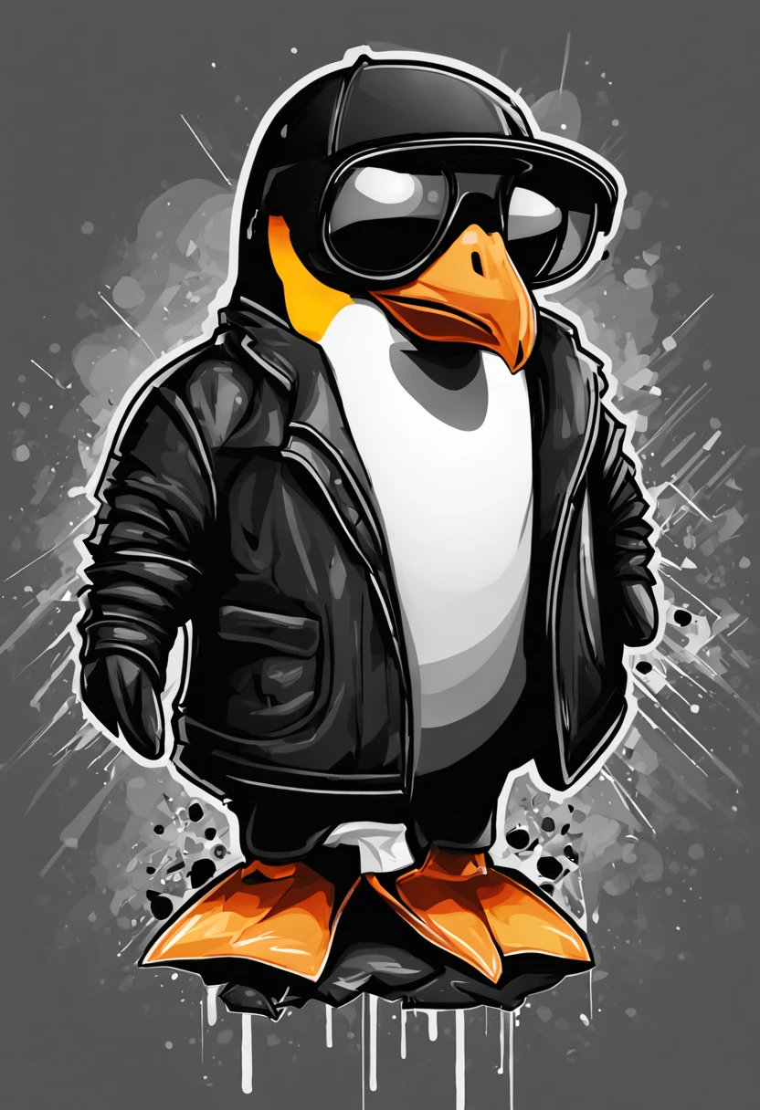 arte da camiseta, 2D, ((fundo preto :1, 5)), vetor, vivid colors, Funny character pinguim personagem COM roupa ESTILO hip hop , melhor qualidade, detalhes intrincados, Realistic details, luz de aro, cinematic shading, Greg Rutkowisk,