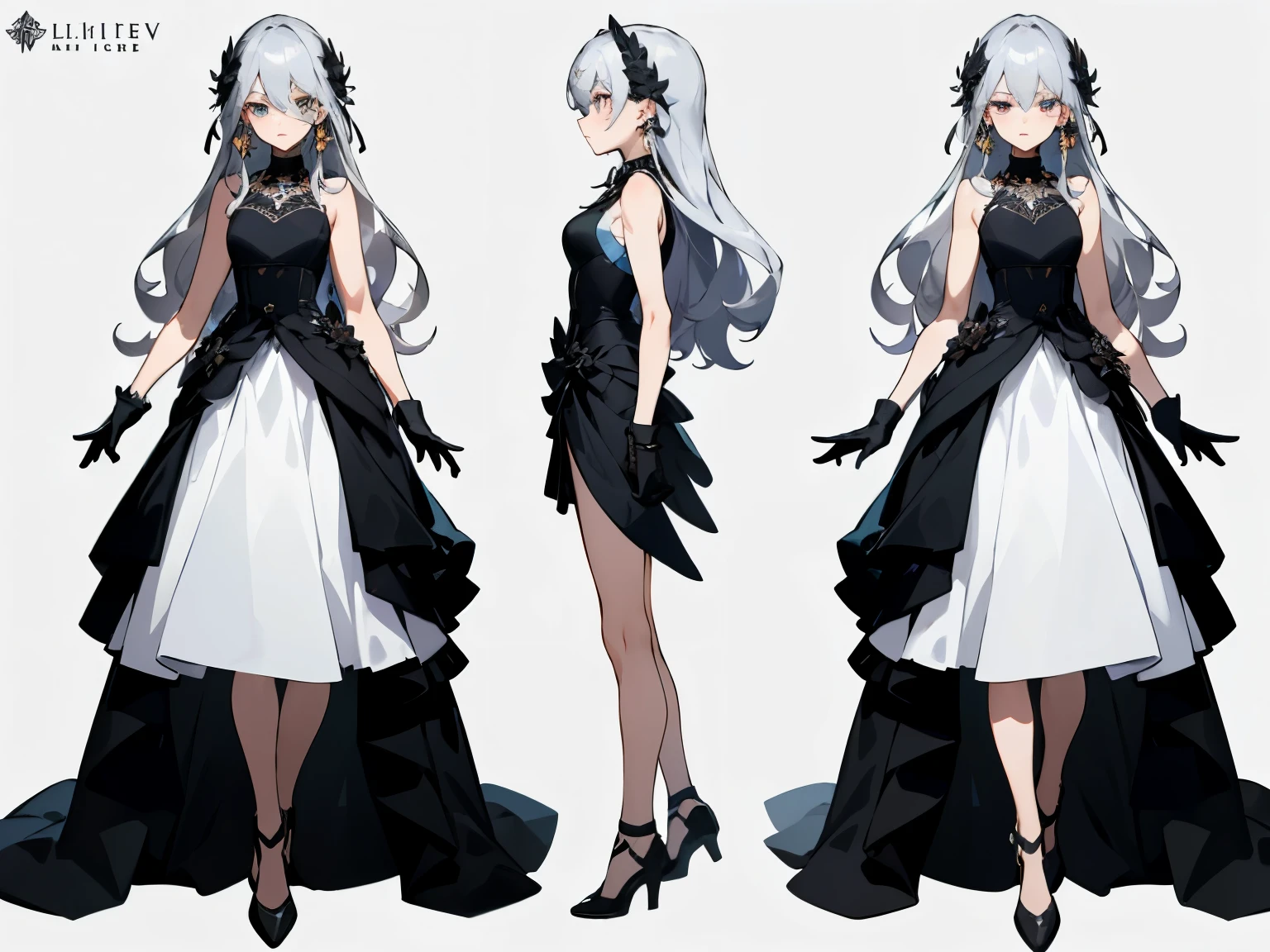 Masterpiece: 1.6, best quality: 1.4, live image: 1.2, intricate details: 1.2, charturnerv2: 1.2, 1lady full body character change,
Appearance: milf: 1.25, thin: 1.3, light blue eyes, medium breasts, detailed eyes, quality eyes,
Clothing: black sleeveless dress, black gloves
Accessories:  hoop earrings, black necklace, small flowers in the hair,
Hair: silver hair, long hair, semi curly hair,
Makeup: natural, shiny skin,
(single background, white background: 1.3), multiple views, multiple views of the same character in the same outfit: 1.3.