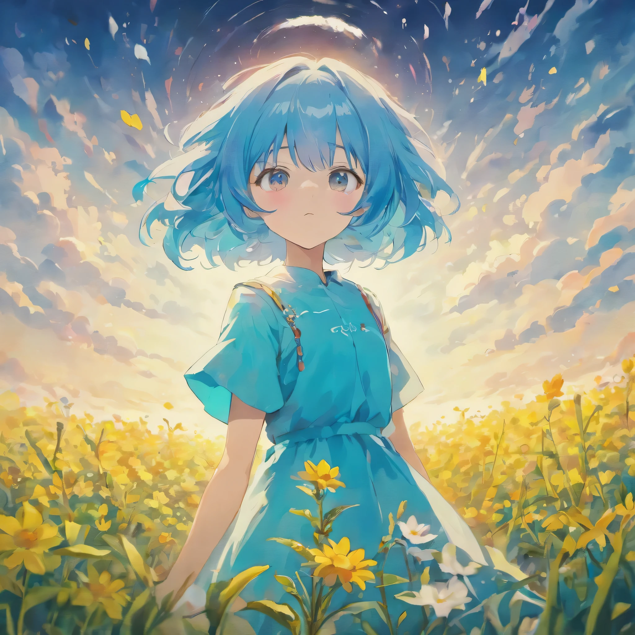 (best quality, high resolution, Super detailed, cinematic), Solitary, 1 girl, Lovely, hapiness, Back view of girl in light blue flower field, unsee face, Surrounded by light blue petals, whole body, Blue-haired girl, Rear view, watercolor, pastel colors, Nebula in the sky, Blue tree.