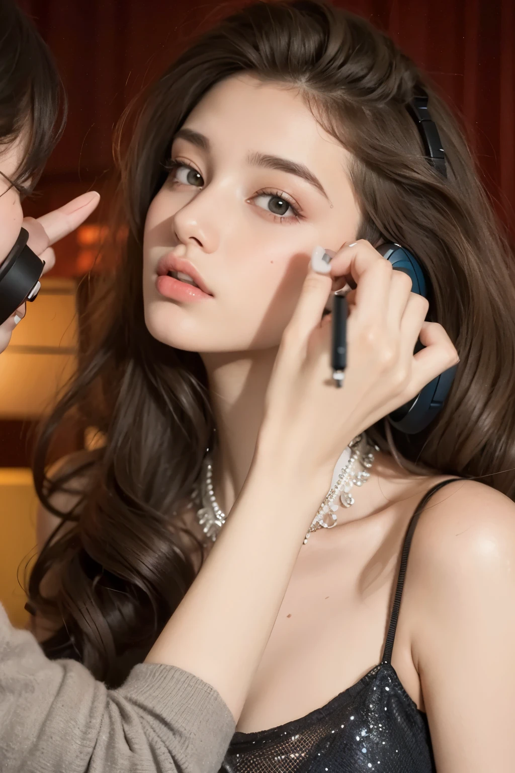 A close-up of a woman with headphones on her head, Retrato Sophie Mudd, Anna Nikolanova aka Newmilky, Pokimane, com fones de ouvido, 18 anos, Delphine bonita, Yelena Belova, Angelina Stroganova, morena com cabelos loiros tingidos, 🤤 retrato da , 2 Modelo feminina de 4 anos, julia gorokhova, Modelo do Instagram