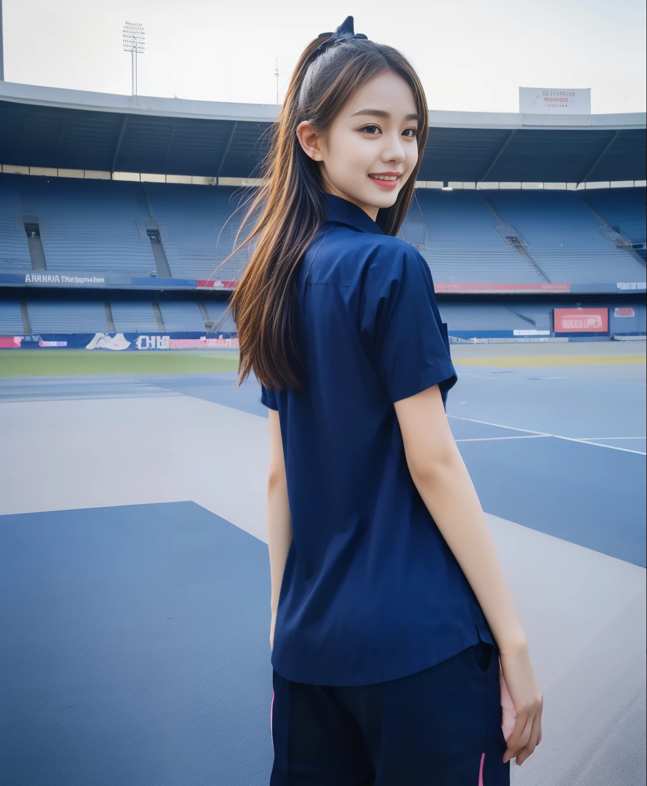 (best quality,10,10,height,Masterpiece:1.2),Very detailed,(realistic,ภาพrealistic,Realistic photos:1.37),1 cute girl on the football field,Shiny, shiny skin,only,smile softly,BDclothelue shirt:1.3)),short sleeve,shirt, กางเกงขาlong.,(navy_long_ติดตามกางเกงขาlong:1.1), ((stadium background:1.3)),Dynamic angle,excited,Face focus,dynamic poses,from behind,Focus on the ass.,Masterpiece, best quality, ultra realistic, hyper detail, 8k resolution, raw photos, Sharp focus, ((Navy blue shirt:1.1)), short sleeve, เส้นทางlong, perfect bodyแบบ, 2 mature women, 18 years old, Cinema-grade lighting,กางเกงขาlongวอร์มสีน้ําเงิน,gym wear,correct anatomy,perfect body, correct body, Sharp face, correct bodyทางกายวิภาค, full body, realistic gestures, long-haired, realistic 