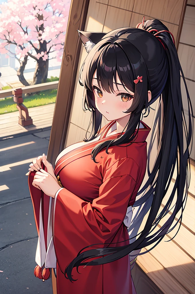 cat ears big breasts princess cherry blossom shrine maiden shrine maiden costume black hair shrine