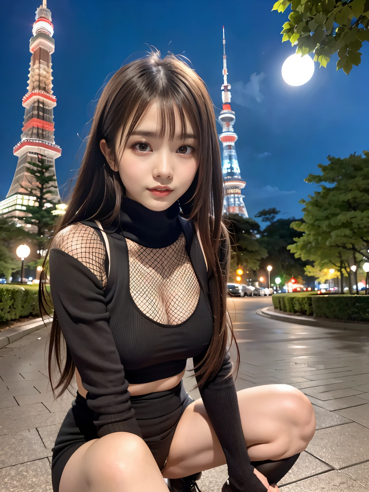 1 beautiful young girl, Super beautiful detailed face, smile shyly, (Slender body:1.2), (black bunny girl:1.3, Thigh-high fishnet stockings:1.3), dark brown hair, semi long hair, (Fine face:1.2), conceptual art, High quality, Realistic, extremely detailed CG unified 8k wallpaper, highly detailed, High-definition raw color photos, professional photography, Realistic portrait, Cinematic Light, Beautiful detailed, Super Detail, high details, break, (background is the tokyo tower in the park at night:1.3), Looking at the front and squatting with the crotch open