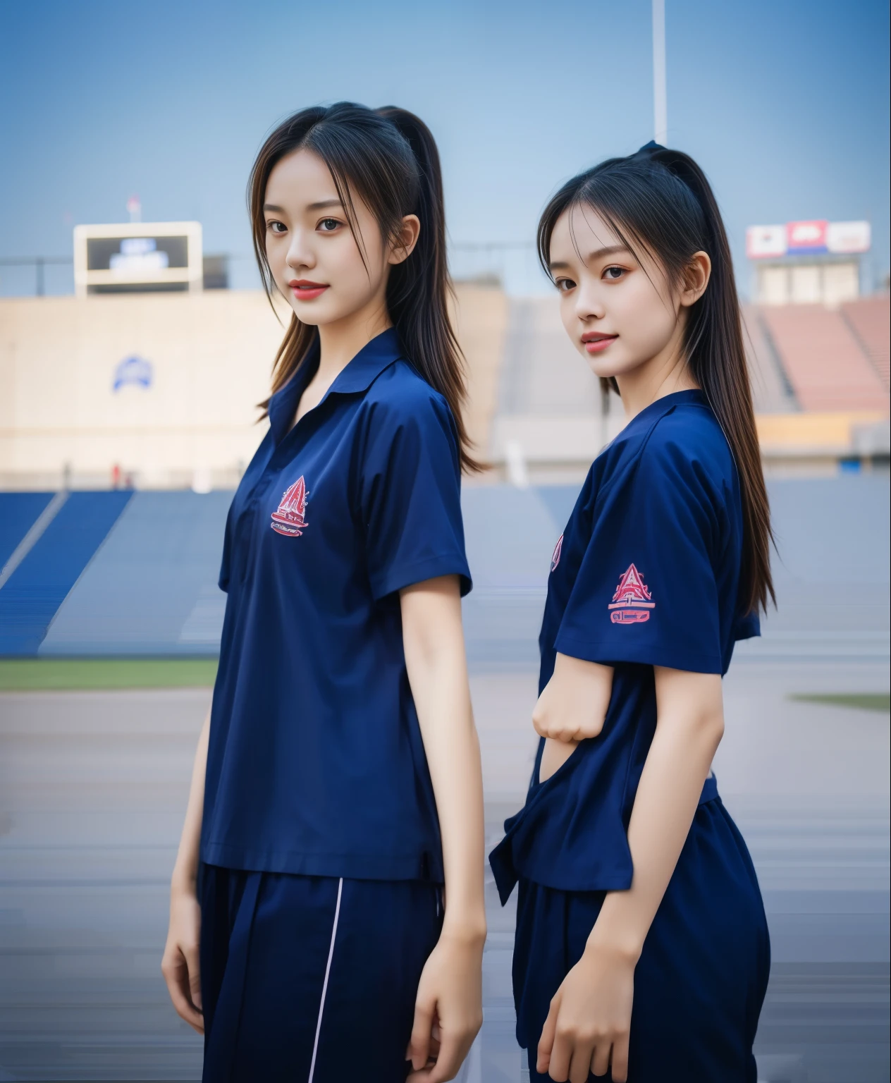 (best quality,10,10,height,Masterpiece:1.2),very detailed,(realistic,ภาพrealistic,Realistic photos:1.37),1 cute ??????? the football field,shiny, ผิวshiny,only,smile softly,BDclothelue shirt:1.3)),short sleeve,shirt, กางเกงขาlong.,(navy_long_track pants:1.1), ((stadium background:1.3)),Dynamic angle,excited,Face focus,dynamic poses,from behind,Focus on the ass.,Masterpiece, best quality, ultra realistic, very detailedเกินไป, 8k resolution, raw photos, Sharp focus, ((Navy blue shirt:1.1)), short sleeve, เส้นทางlong, perfect body, 2 mature women, 18 years old, Cinema-grade lighting system,Blue sweatpants,exercise clothes,correct ???????,perfect body, correct body, Sharp face, correct bodyทางกายวิภาค, full body, realistic gestures, long-haired, realistic ,Blue sweatpants, กางเกงวอร์มขาlong