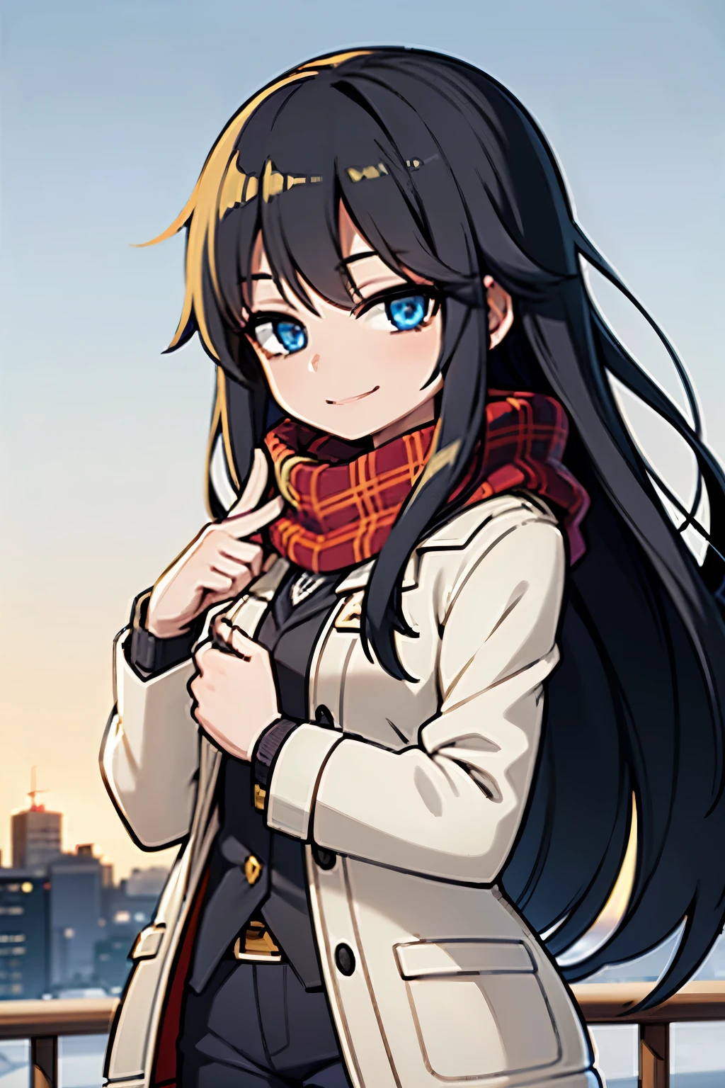 young girl, black hair long hair, blue eyes, shining blue eyes, wearing plaid yellow scarf, red jacket, black pants, looking at viewer, smiling, canada, rural city, thumbs up pose, in the snow, rural city, canada, snowed place,
