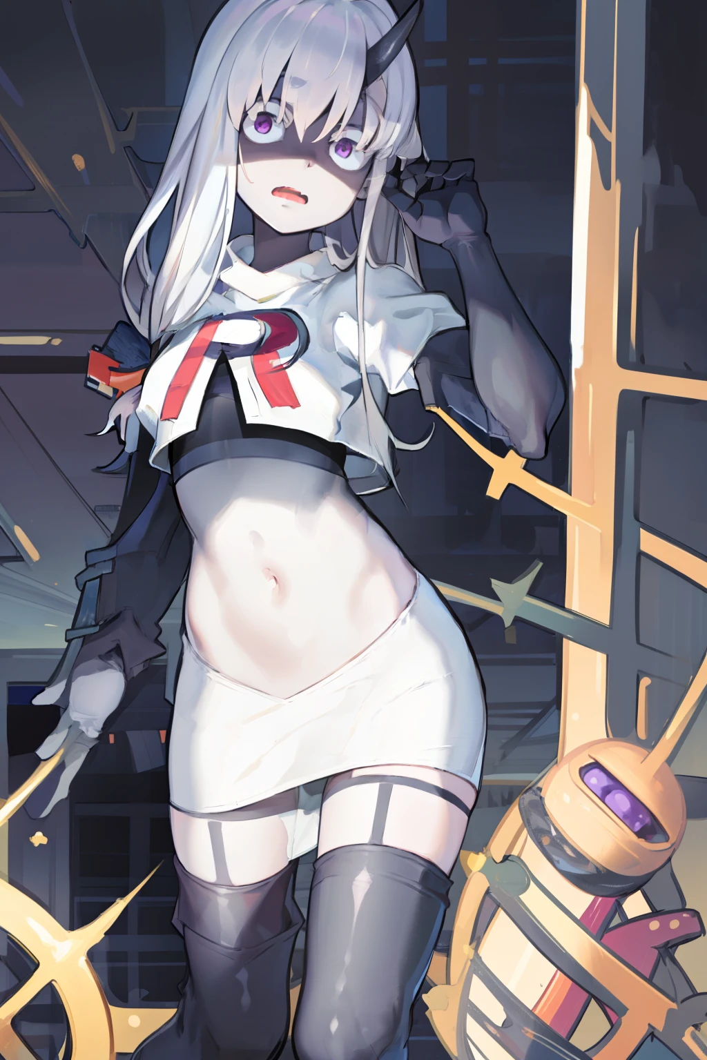 (masterpiece, best quality, detailed), 1girl, solo, wavy mouth, open mouth, looking at viewer, shaded face,
lavinia whateley \(fate\), polka dot bow,  eyebrows hidden by hair, team rocket,team rocket uniform, red letter R, white skirt,white crop top,black thigh-highs, black elbow gloves,