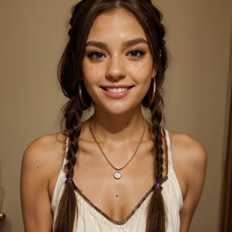 Jessica Degg short chubby face brunette long ponytail straight hair Caucasian freckles fake tan eyelashes dark eyes eyeshadow make up smiling jewellery short chains bodice ribbons