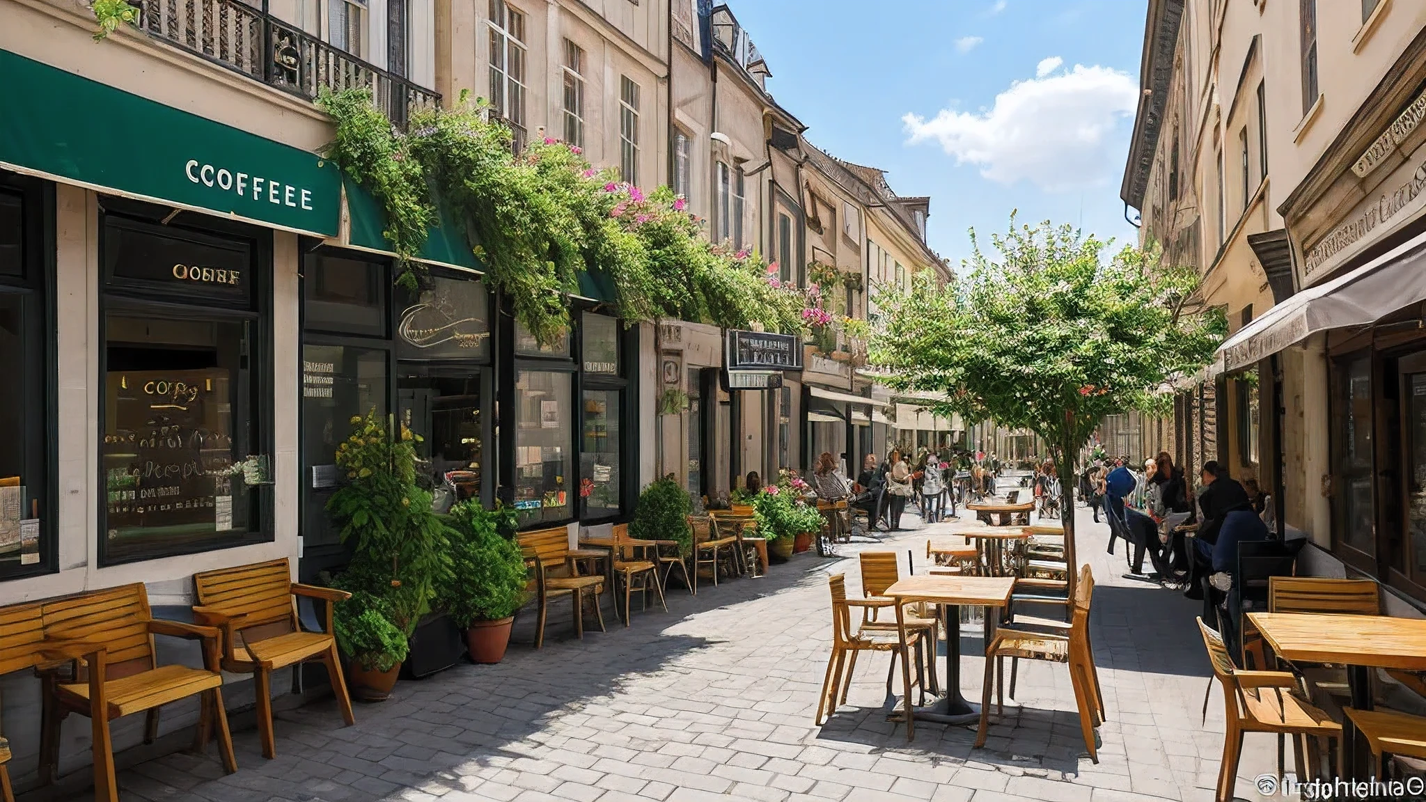 On a corner of a European city street, there a small coffee shop. There a row of greenery in front of the coffee shop, with flowers in full bloom, emitting a faint fragrance. The sun shines through the leaves, forming a beautiful ray of light in front of the coffee shop.
The coffee shop's terrace located on the corner, where you can see the passery and vehicles on the street. Sitting on the terrace, you can leisurely enjoy a cup of coffee and enjoy the scenery on the side of the street.
The coffee shop's tables and chairs are made of wood, with a bouquet of fresh flowers on the table. The signboard black with the words "Coffee Shop" written on it.