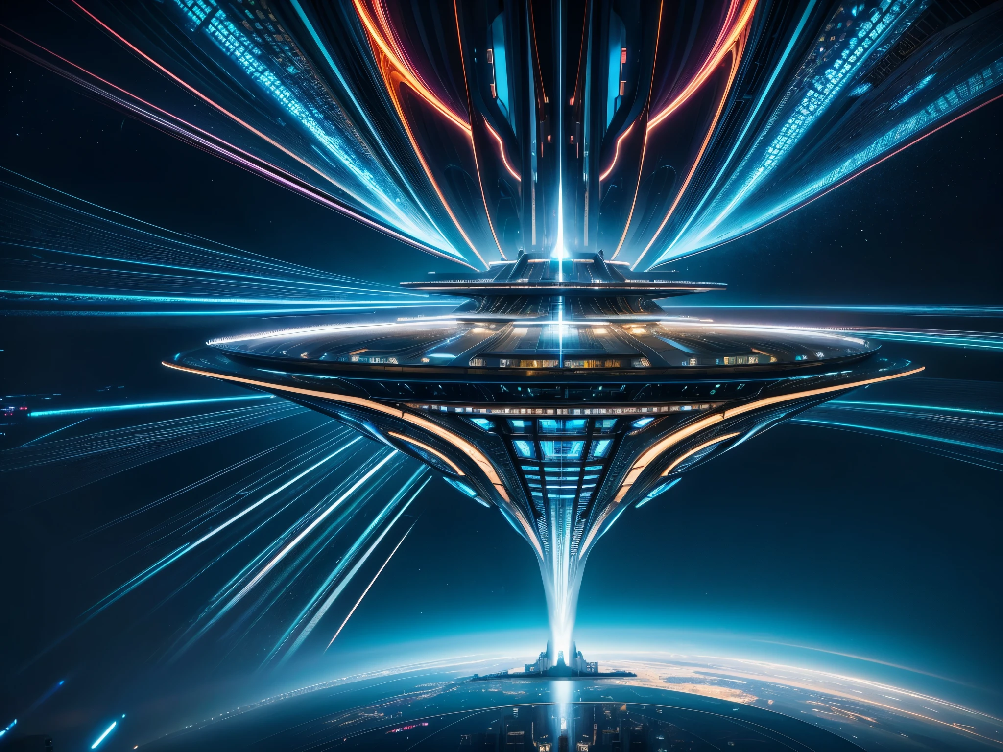 Generate a dynamic digital art piece depicting a breathtaking science fiction scene featuring intricate fractal patterns. A massive starship made of sleek metal and glass hovers above a futuristic cityscape, its hull pulsating with energy as it prepares to engage in faster-than-light travel. Fractal patterns flow across the ship's surface, creating mesmerizing geometric shapes that ripple outward into space. Below, skyscrapers tower over neon-lit streets bustling with flying vehicles and humanoid aliens. Holographic billboards display mind-boggling advertisements using complex fractals and vivid colors. As the ship engages its engines, the surrounding area warps and distorts, revealing even more elaborate fractal formations hidden within the fabric of spacetime itself