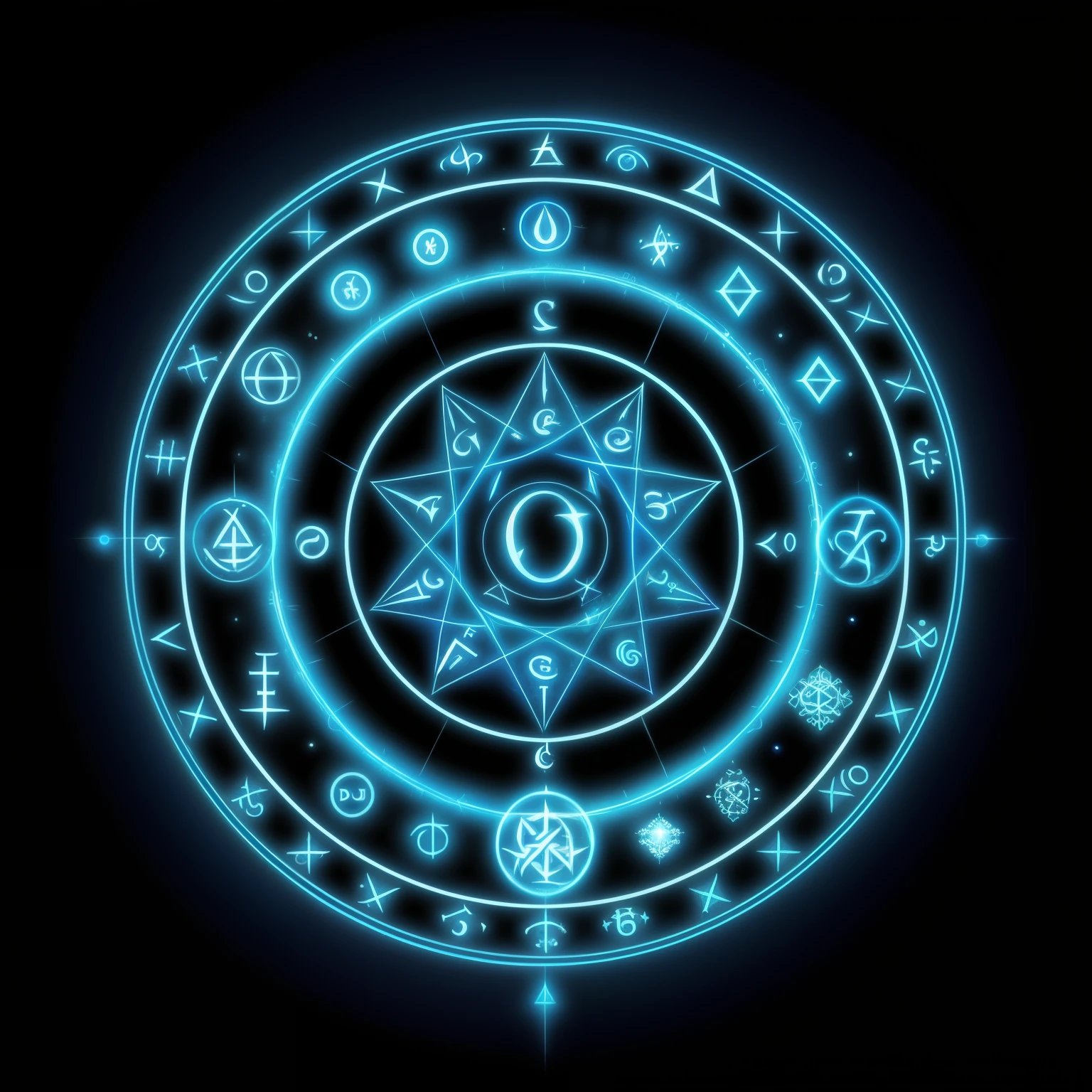 a blue glowing circle with five different symbols in it, fantasy game spell symbol, glowing magic sigils, magical sigils, summoning circle, magick symbols, holographic runes, magical symbols, magic symbols, demonic sigils, glowing digital runes, intricate wiccan spectrum, wicca symbols dnd, magic circle, cyberpunk demonic symbols
