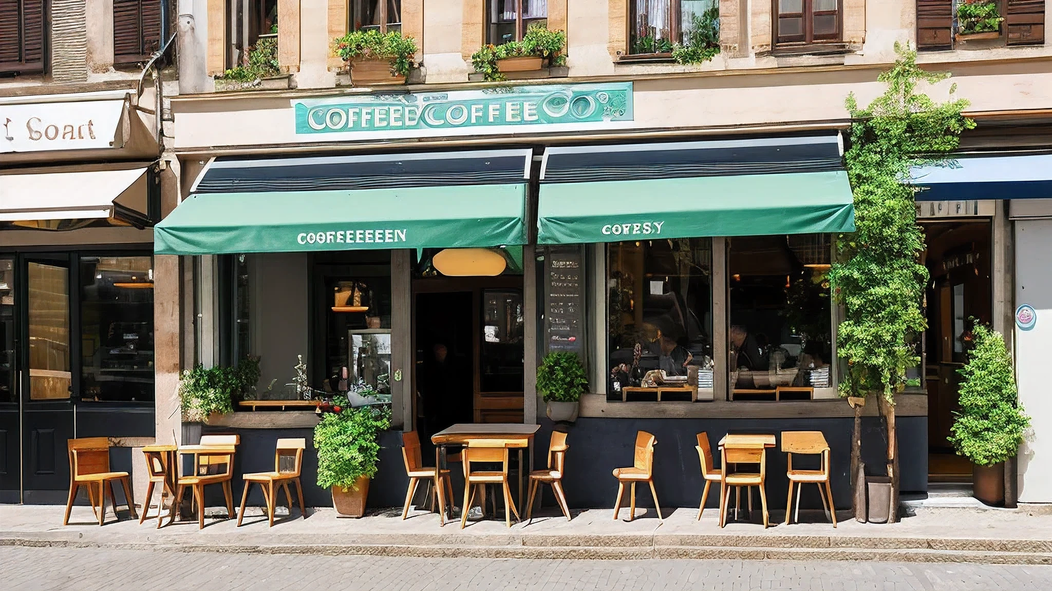 On a corner of a European city street, there a small coffee shop. There a row of greenery in front of the coffee shop, with flowers in full bloom, emitting a faint fragrance. The sun shines through the leaves, forming a beautiful ray of light in front of the coffee shop.
The coffee shop's terrace located on the corner, where you can see the passery and vehicles on the street. Sitting on the terrace, you can leisurely enjoy a cup of coffee and enjoy the scenery on the side of the street.
The coffee shop's tables and chairs are made of wood, with a bouquet of fresh flowers on the table. The signboard black with the words "Coffee Shop" written on it.