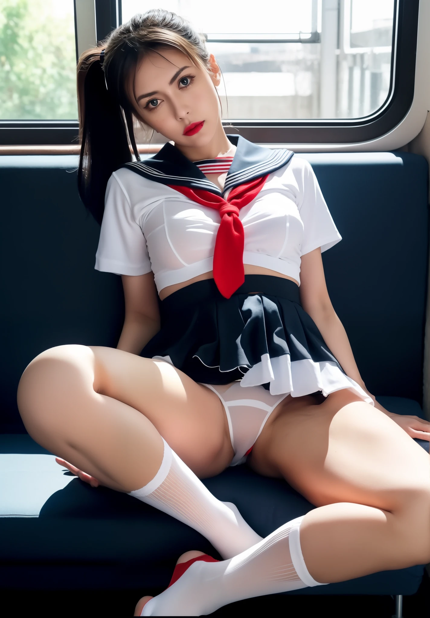 Raw photo、At 32K、8K、sexy woman in red sailor bikini、Full body Esbian、choker、black hair twintails、Spread your legs in an M-shape、spread and stretch your legs、Panties that dig into the crotch、