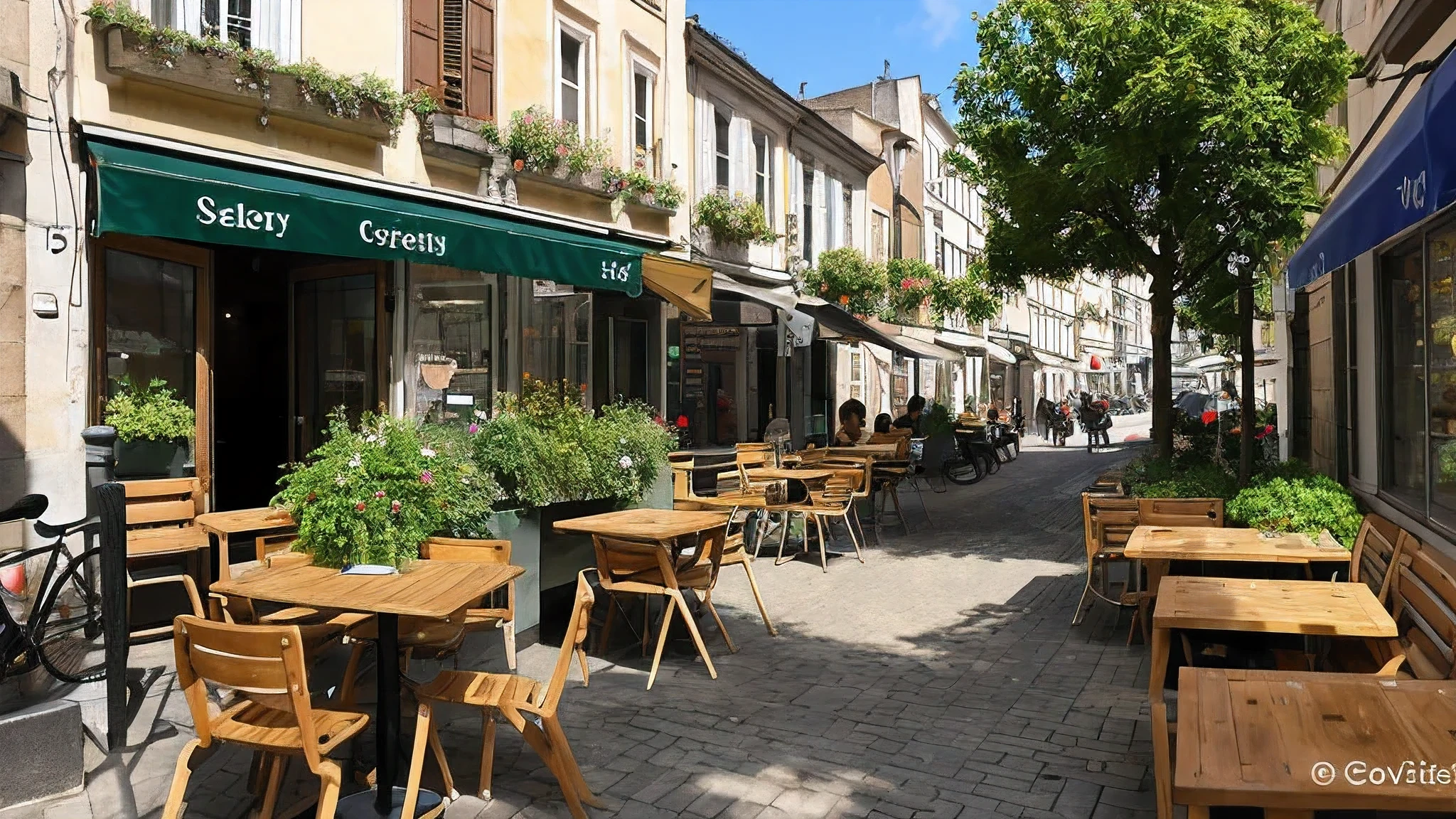 On a corner of a European city street, there a small coffee shop. There a row of greenery in front of the coffee shop, with flowers in full bloom, emitting a faint fragrance. The sun shines through the leaves, forming a beautiful ray of light in front of the coffee shop.
The coffee shop's terrace located on the corner, where you can see the passery and vehicles on the street. Sitting on the terrace, you can leisurely enjoy a cup of coffee and enjoy the scenery on the side of the street.
The coffee shop's tables and chairs are made of wood, with a bouquet of fresh flowers on the table. The signboard black with the words "Coffee Shop" written on it.