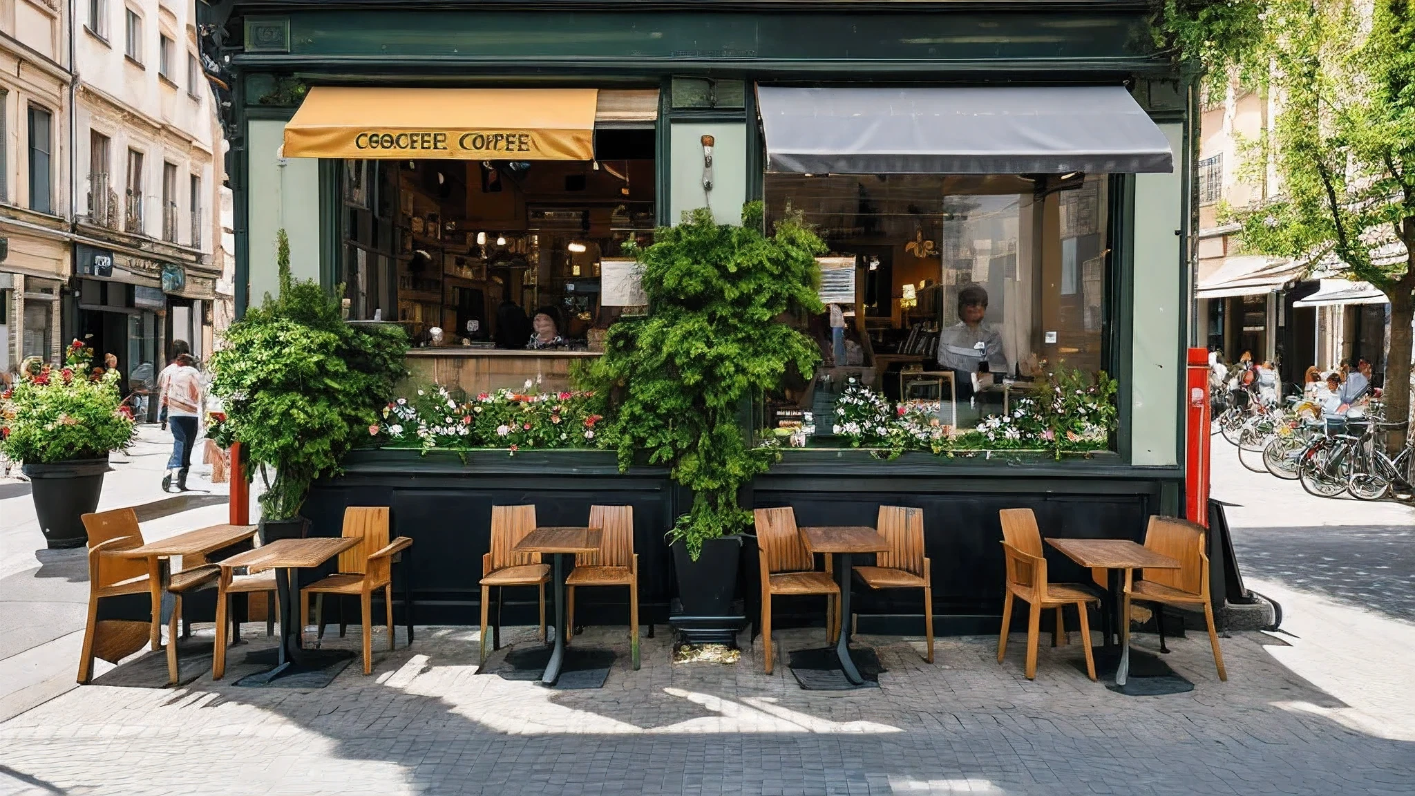 On a corner of a European city street, there a small coffee shop. There a row of greenery in front of the coffee shop, with flowers in full bloom, emitting a faint fragrance. The sun shines through the leaves, forming a beautiful ray of light in front of the coffee shop.
The coffee shop's terrace located on the corner, where you can see the passery and vehicles on the street. Sitting on the terrace, you can leisurely enjoy a cup of coffee and enjoy the scenery on the side of the street.
The coffee shop's tables and chairs are made of wood, with a bouquet of fresh flowers on the table. The signboard black with the words "Coffee Shop" written on it.