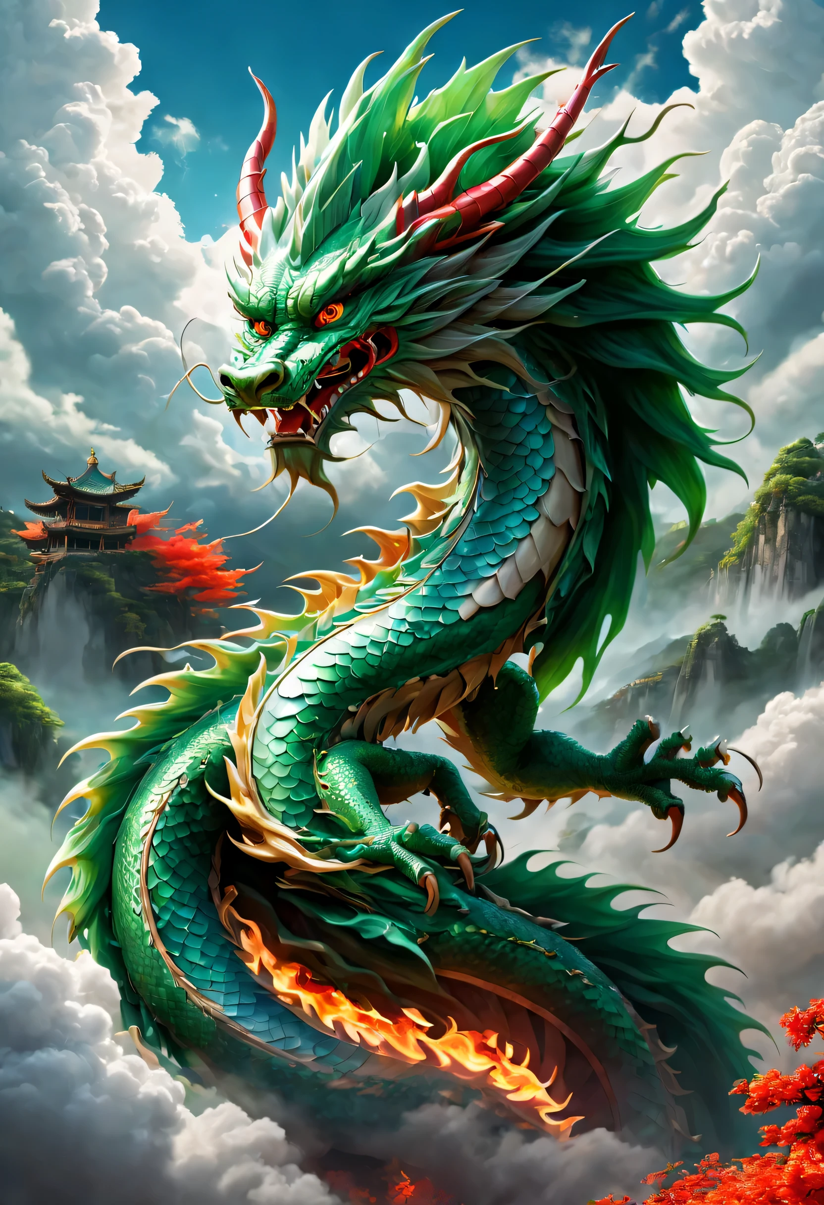 (The main subject: Wide-angle lens), The flame  light blue,[rich and colorful,(Chinese dragon anthropomorphism)Emerald green scales], sharp claws,safe,dramatic clouds,(Go deep into the fields), Rich details​, (vast sky), (sense of vastness),Energy and vitality, intricate details.(best quality, high resolution, masterpiece:1.2), (actual:1.37), high dynamic range。Red Dragon