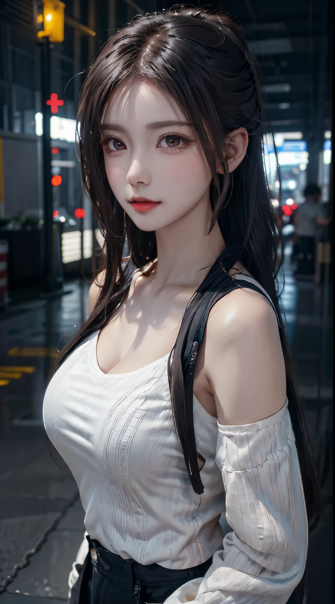 A woman with long hair and a white top is posing for a picture - SeaArt AI