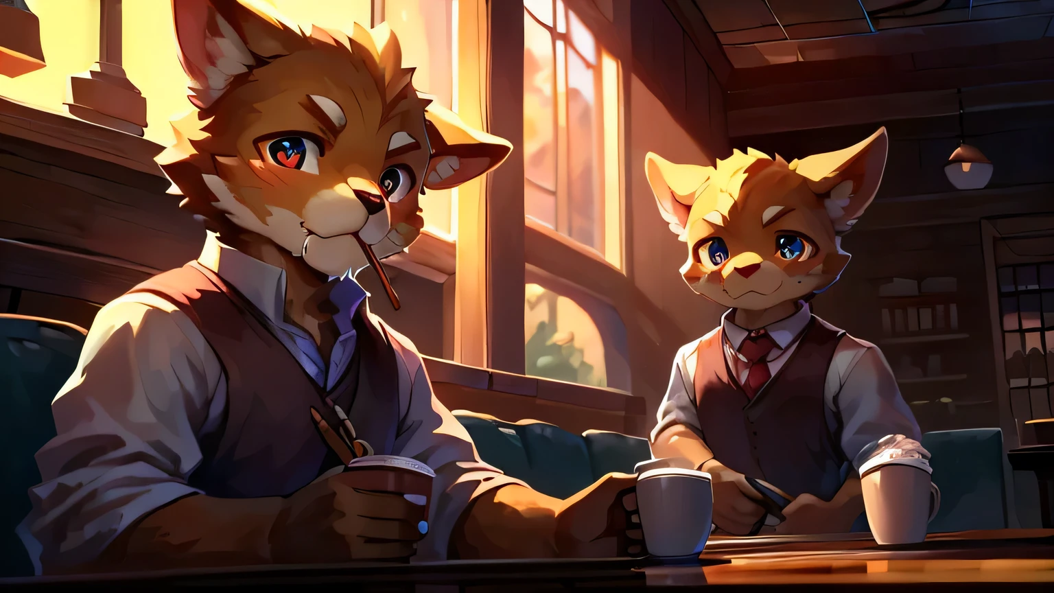 top quality, best quality, High quality illustrations, masterpiece, ultra high resolution, Detailed background, Detailed background, coffee店, drink, eat, coffee, staff, 6+boys, ridiculous(Very detailed beautiful face and eyes)perfect anatomy, Express, good lighting, movie shadows(Kanno, furry human),Serving,do his job, customer,