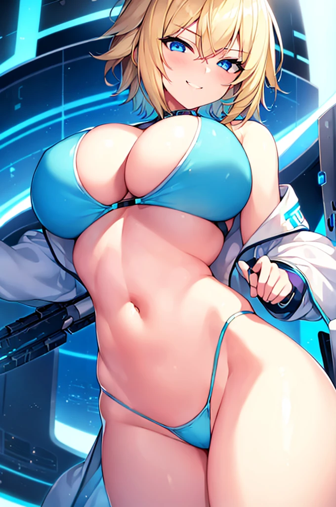 1girl, large breasts, wide hips, blonde hair, very short hair, blue eyes, smirk, smug, smile, bikini, white bikini, futuristic, science-fiction, tech, neon, neon trim, blue trim, thick thighs, jacket