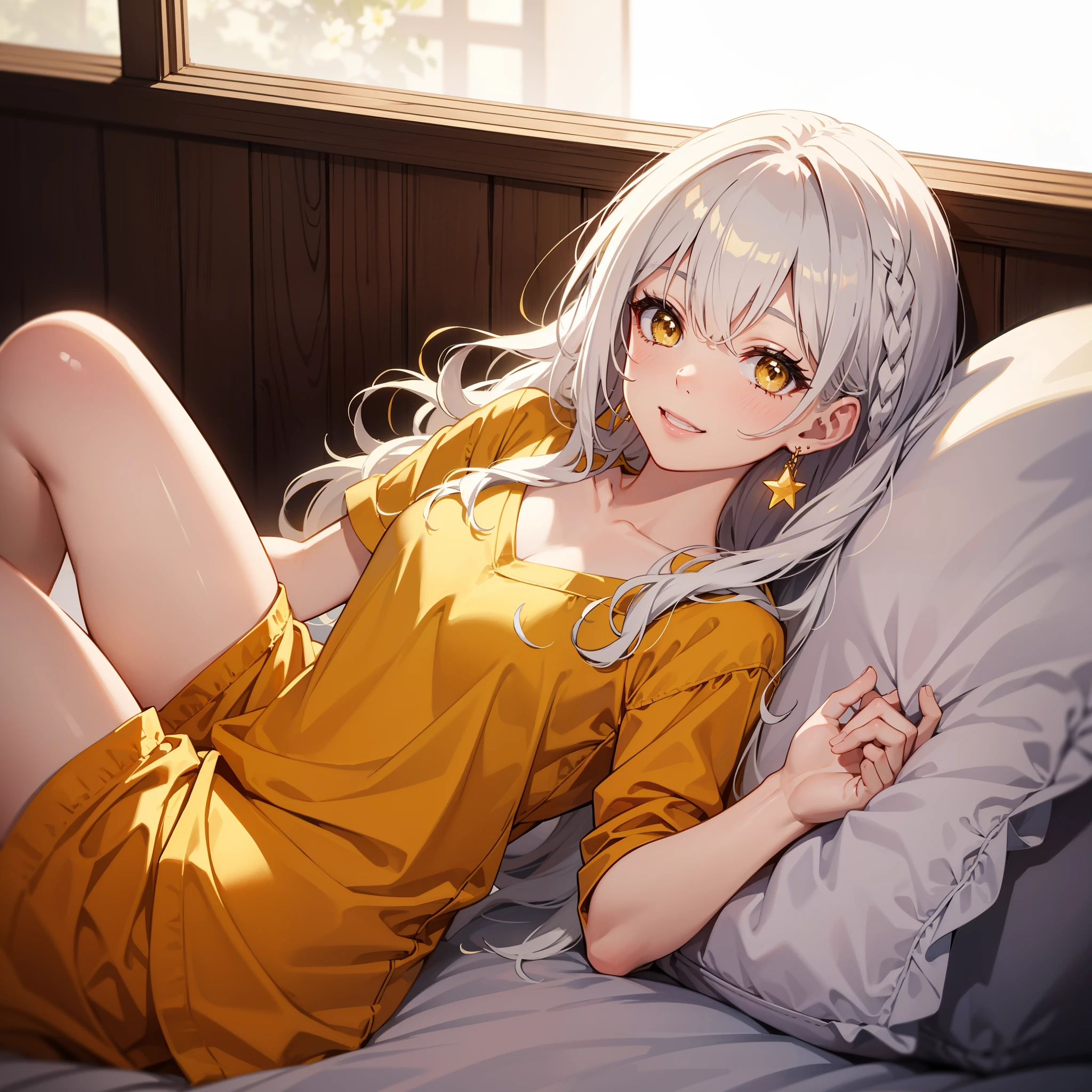4k, HD, Good detail, Single Girl, perfect face, sunny day, dramatic sun light, sleeping in the bed, yellow shirt, wide smile, long wavy hair, lace braided hairstyle, gold star earring, white hair, yellow eyes, small breast, cinematic, medium full shot