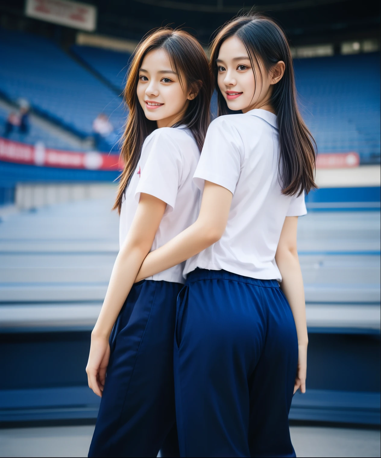 (best quality,10,10,height,Masterpiece:1.2),very detailed,(realistic,ภาพrealistic,Realistic photos:1.37),1 cute girl on the football field,shiny, ผิวshiny,only,smile softly,BDclothelue shirt:1.3)),short sleeve,shirt, กางเกงขาlong.,(navy_long_track pants:1.1), ((stadium background:1.3)),Dynamic angle,excited,Face focus,dynamic poses,from behind,Focus on the ass.,Masterpiece, best quality, ultra realistic, very detailedเกินไป, 8k resolution, raw photos, Sharp focus, ((Navy blue shirt:1.1)), short sleeve, เส้นทางlong, perfect body, 2 mature women, 18 years old, Cinema-grade lighting system,Blue sweatpants,exercise clothes,correct anatomy,perfect body, correct body, Sharp face, correct bodyทางกายวิภาค, full body, realistic gestures, long-haired, realistic, Blue sweatpants, กางเกงวอร์มขาlong