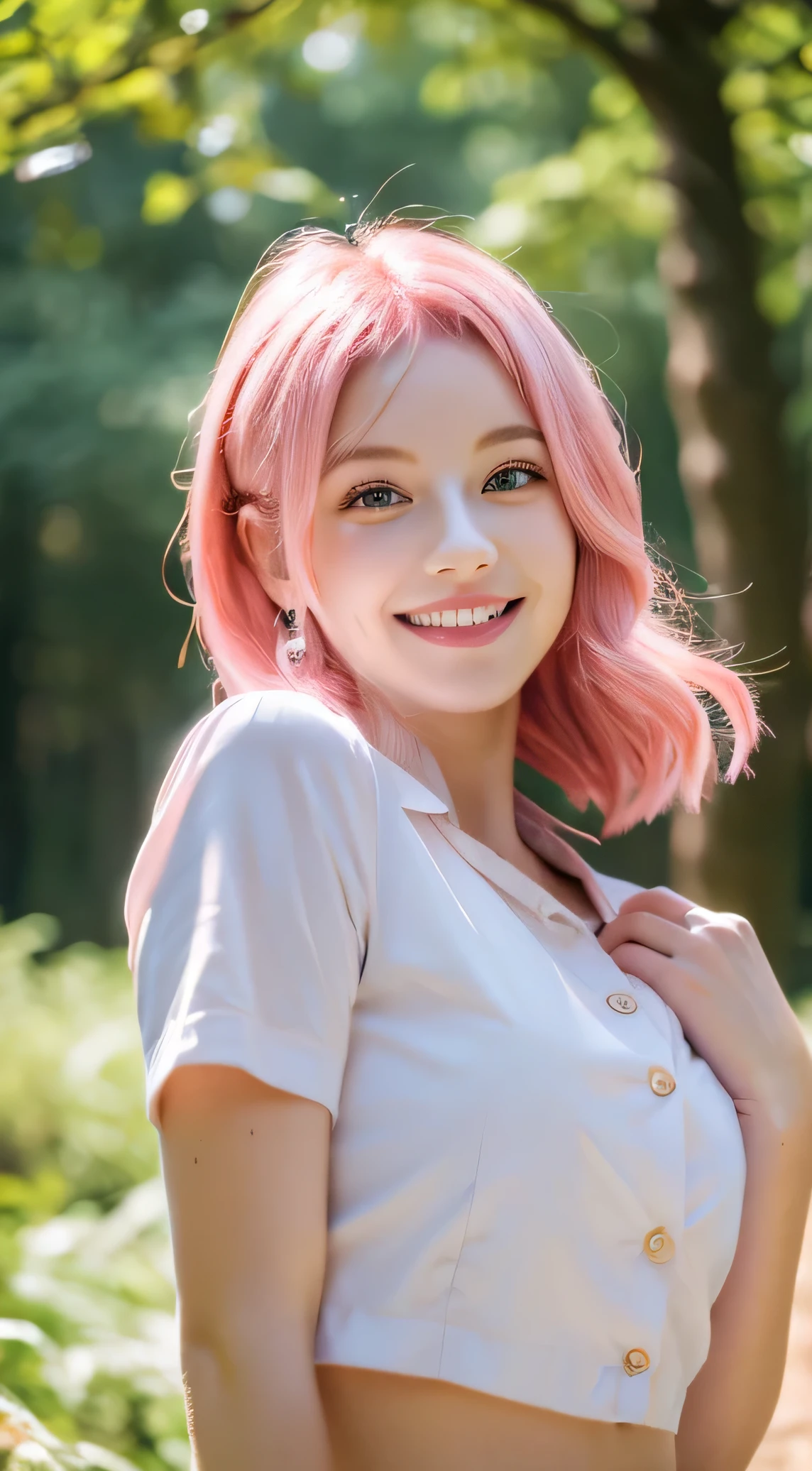 (masterpiece, best quality:1.4), (8 thousand, RAW photos, photo realistic:1.3), sharp focus, cinematic lighting, upper body, 1 girl, pink hair, looking at viewer, forest, white shirt, an exceptionally beautiful face, laugh