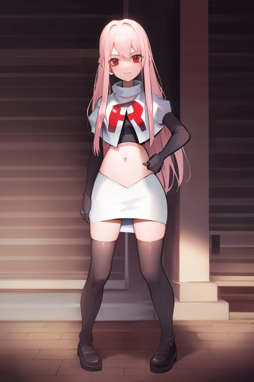 Masterpiece, Detailed, High quality, (absurdist), High Sharpness, High resolution, maiddoll, 1girls, Solo, light pink hair,team rocket,team rocket uniform, red letter R, white skirt,white crop top,black thigh-highs, black elbow gloves,