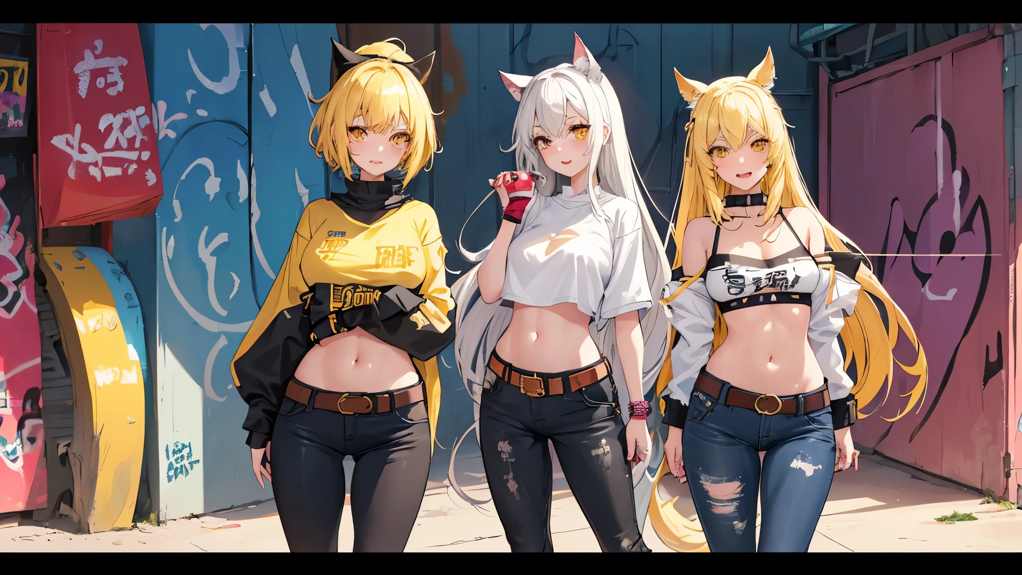 original character, volume lighting, best shadows, shallow depth of field, amazingly beautiful girl, small, Delicate Beautiful Attractive Face With Alluring Yellow Eyes, sharp eyebrows, A big smile, open your mouth, Fangs Out, nice medium chest, Layered Long Twintail Blond Hair, blush eyeshadow, thick eyelashes, Applejack Hat, Oversized Pop Jacket, Mini Underboob Tee, open the navel, slim waist, Denim Jeans Pants, with buckle belt, In The Graffiti Alley, Waste container, Outdoor staircase, Outdoor Unit, Holding Spray Paint Can, Are standing, (highest quality, amazing details:1.25), (alone:1.3), vivid colorful paintings、animeチンコ、anime、anime絵