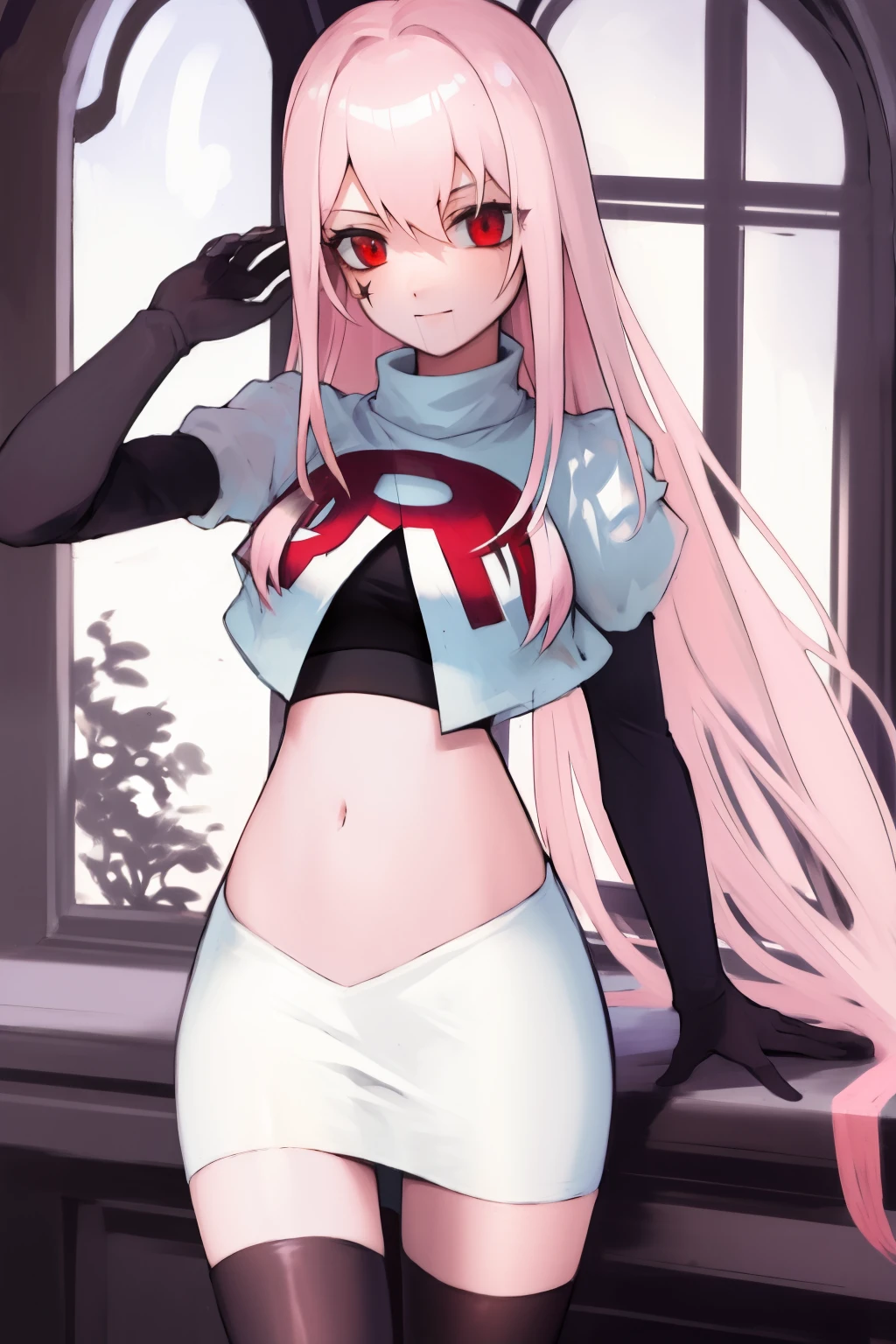zero two \(darling on franxx\), darling on franxx, 1woman, closed mouth, bangs, bite, eyeshadow, green eyes, hair behind head, horns, long hair, makeup, small breasts, white bodysuit, big thighs, pink hair, red eyeshadow, detailed background, bed, bedroom