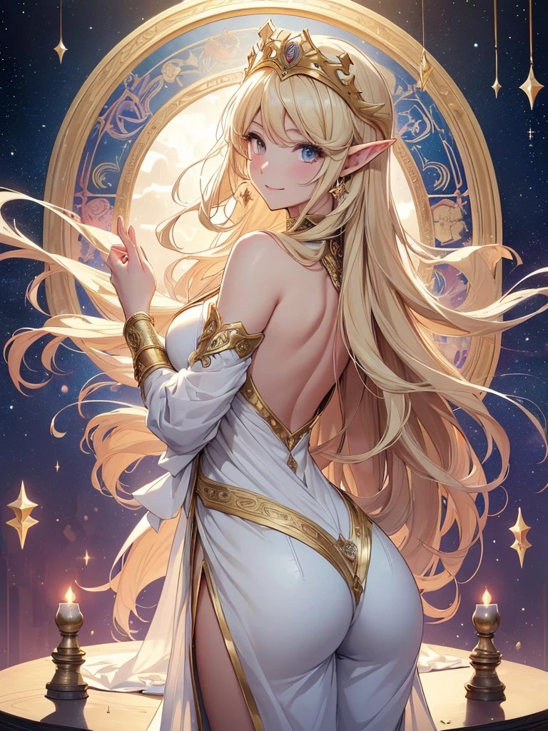 highest quality、Highest image quality、masterpiece、back viewの超美形エルフ美女((22 years old OL big bust、bust 90,beautiful long ironed hair、blonde、globe、、slender、Close-up、Esbian、beautiful tiara、High quality、beautiful art、background((starry ski)))muste piece、visual art、Depth of bounds written、low angle of morning sky、、elf ears、、magic of light、space knight、harp melody🎵、A happy smile、gentle light、、Beautiful legs that are gentle on the skin、、、Number of fingers to achieve precise finger movements、ticker beautiful decorative、elegant、mystical rosa、 heaven、marble columns, beautiful dressy、magnificent marble dome、giant galaxy、religious painting、embrace the earth、temple of time、great watch、hourglass、sundial、moment of creation!myth、alphonse mucha art、art nouveau、byzantine art、folding screen picture、gold foil、Raphael's paintings、renaissance art、back view、beautiful butt、pants