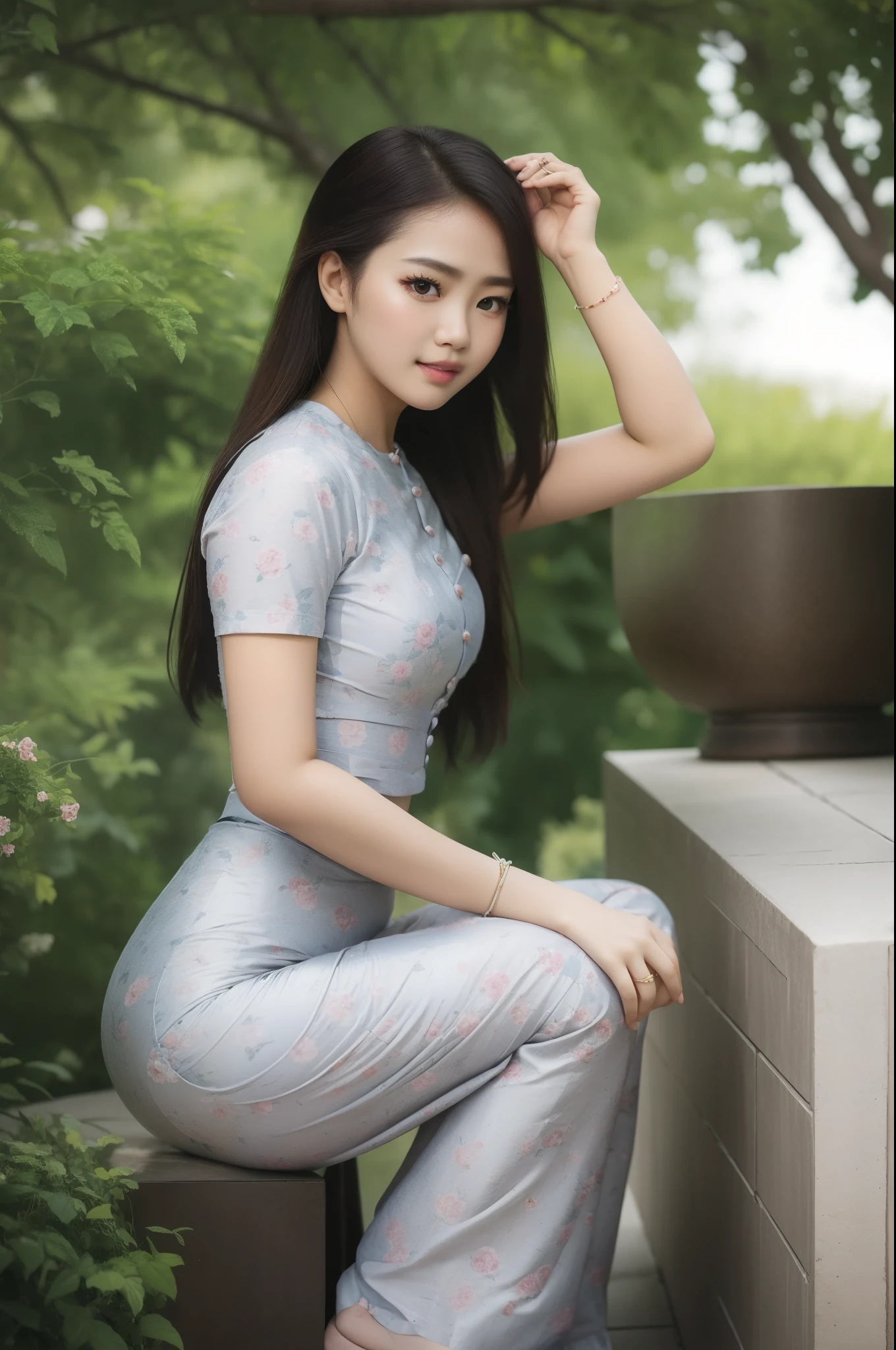 A beautiful Burmese girl, round eyes, cute button nose, full lips, long black hair, hourglass figure, acmm ss outfit, wearing acmm top, light purple acmm top, short sleeves, buttons, wearing acmm long skirt, white and pink with printed acmm long skirt