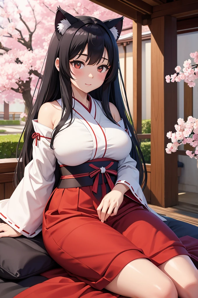 cat ears big breasts cherry blossoms shrine maiden black hair shrine lying on the futon open