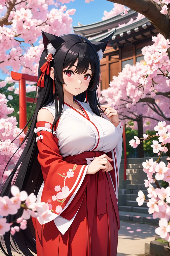cat ears big breasts cherry blossoms shrine maiden black hair shrine lying on the futon open