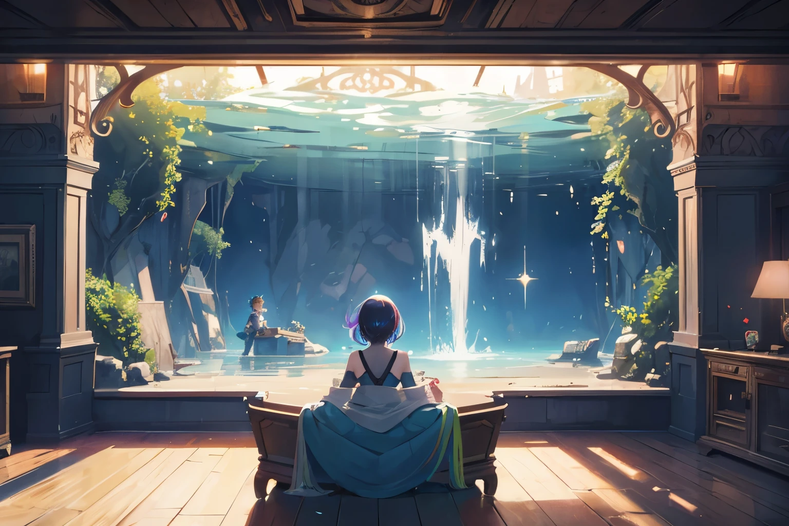 {{masutepiece}}, Best Quality, the Extremely Detailed CG Unity 8K Wallpapers, Cinematic lighting, Lens Flare, Beautiful detail eyes, Black, side glance, Multicolor Hair, Colorful light, Particle, Heterochromia, (Colorful:1.5), (Colorful hair:1.5), Create exquisite illustrations reminiscent of Makoto Shinkai's style, It has ultra-fine details and top-notch quality. Generate a high-quality illustration of a boy or girl discovering a sunken ship in a fantastical underwater setting. Craft a masterpiece with meticulous attention to detail, capturing the overall nostalgic and fantastical ambiance of the scene. Enhance the sense of nostalgia and fantasy as the young character explores the intricate details of the submerged wreckage. Aim for the best possible quality, delivering a visually enchanting and emotionally resonant composition. best quality, masterpiece