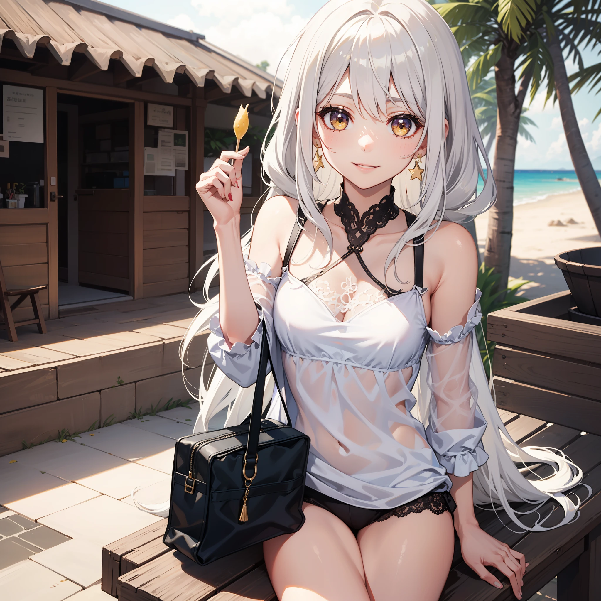 4k, HD, Good detail, Single Girl, perfect face, sunny day, dramatic sun light, eating satay in the beach, white gray blouse,smile, long wavy hair, lace braided hairstyle, gold star earring, white hair, yellow eyes, small breast, bokeh background, cinematic, medium full shot