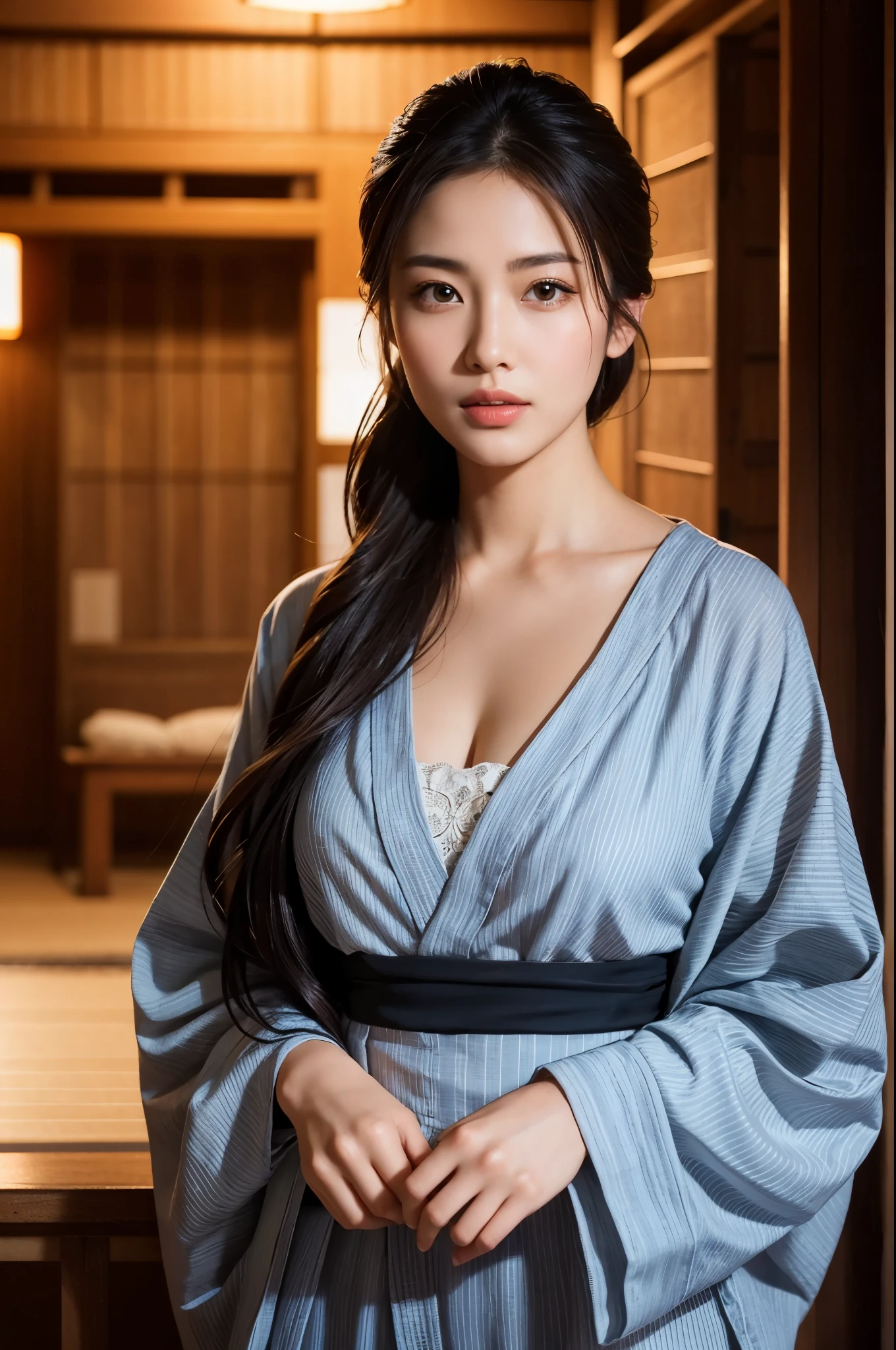 Highly detailed CG Unity 8k wallpaper, highest quality, masterpiece, (Realistic, photorealistic:1.4), ultra high res, (A beautiful Japanese Mature Woman in a Yukata with Monotone vertical stripes, solo), Inside a room in an old-fashioned Japanese onsen ryokan, cowboy shot, Perfect feminine figure, Fascinating milf, Amazing beautiful face, bewitching Goddess, parted lips, glossy skin, cinematic composition, professional warm lighting and shading, extremely detailed eyes and face, eyes with beautiful details, insanely detailed beautiful realistic skin texture, (correct body balance, accurate hands, accurate eyes)