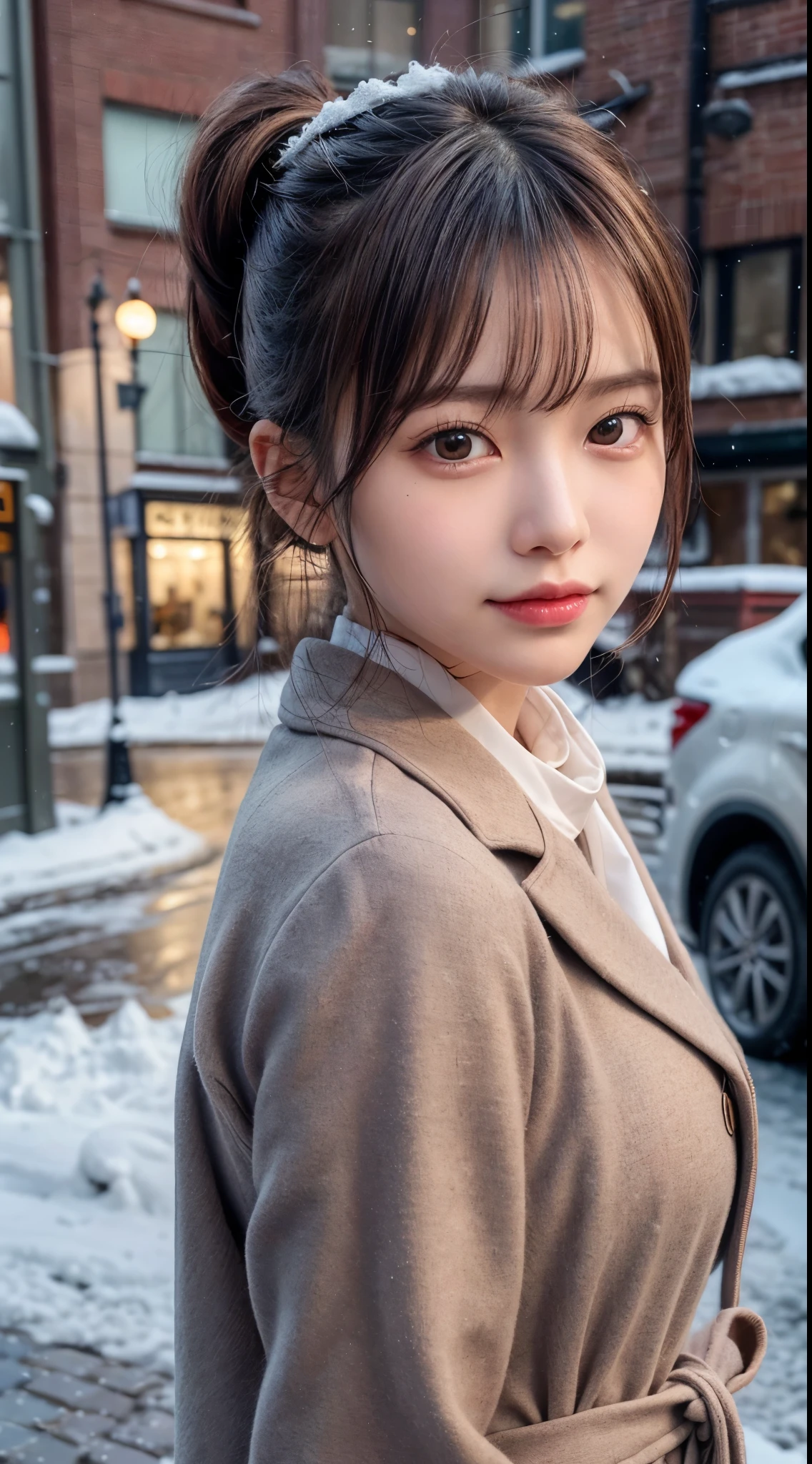 blush,long hair ponytail,big ribbon in her hair,(8K, Raw photo, best quality, muste piece:1.2), (Reality, photorealistic:1.4), (Highly detailed 8K wallpaper), Tits sharp focus, Depth of bounds written, cinematic lighting, soft light, detailed beauty eye,Shiny and smooth light brown ponytail, asymmetrical bangs, shiny skin, super detailed skin ,high resolution, high detail, detailed hairstyle, detailed beauty face, hyper real, perfect limbs, perfect anatomy ,1 Japanese girl,famous japanese idol, perfect female body,shy smile,short eyelashes,double-edged eyelids,look straight here,Hair style is ponytail,wear a ribbon, office,long ponytail hairstyle,Wearing scrunchies,wearing a long coat,The Street,stand straight and pose,So that the whole body can be seen,winter,warm clothes,look straight at me,wearing a scarf,It's snowing,european cityscape,cobblestone road,European churches can be seen in the background,in front of a church in europe,night time,illumination is shining