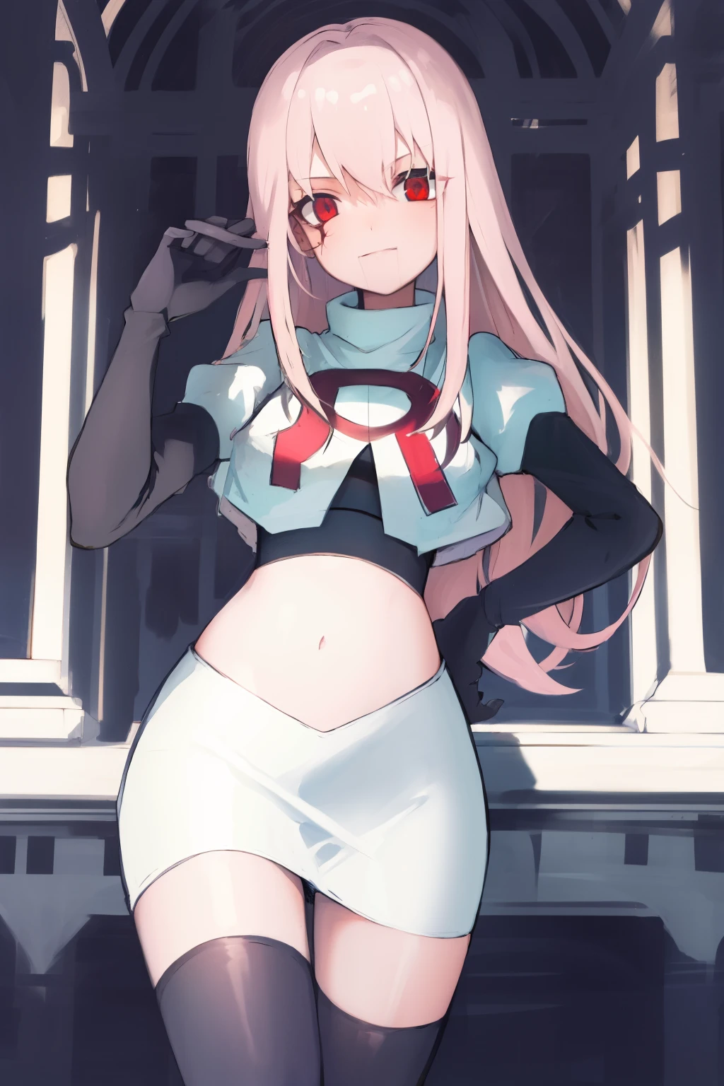 Masterpiece, Detailed, High quality, (absurdist), High Sharpness, High resolution, maiddoll, 1girls, Solo, light pink hair,team rocket,team rocket uniform, red letter R, white skirt,white crop top,black thigh-highs, black elbow gloves,