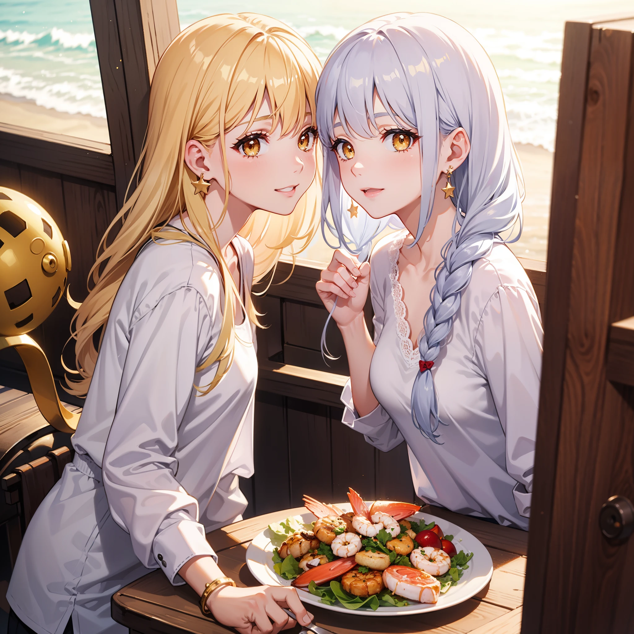 4k, HD, Good detail, Single Girl, perfect face, sunny day, dramatic sun light, eating shrimp in the beach, white gray blouse,smile, long wavy hair, lace braided hairstyle, gold star earring, white hair, yellow eyes, small breast, bokeh background, cinematic, medium full shot